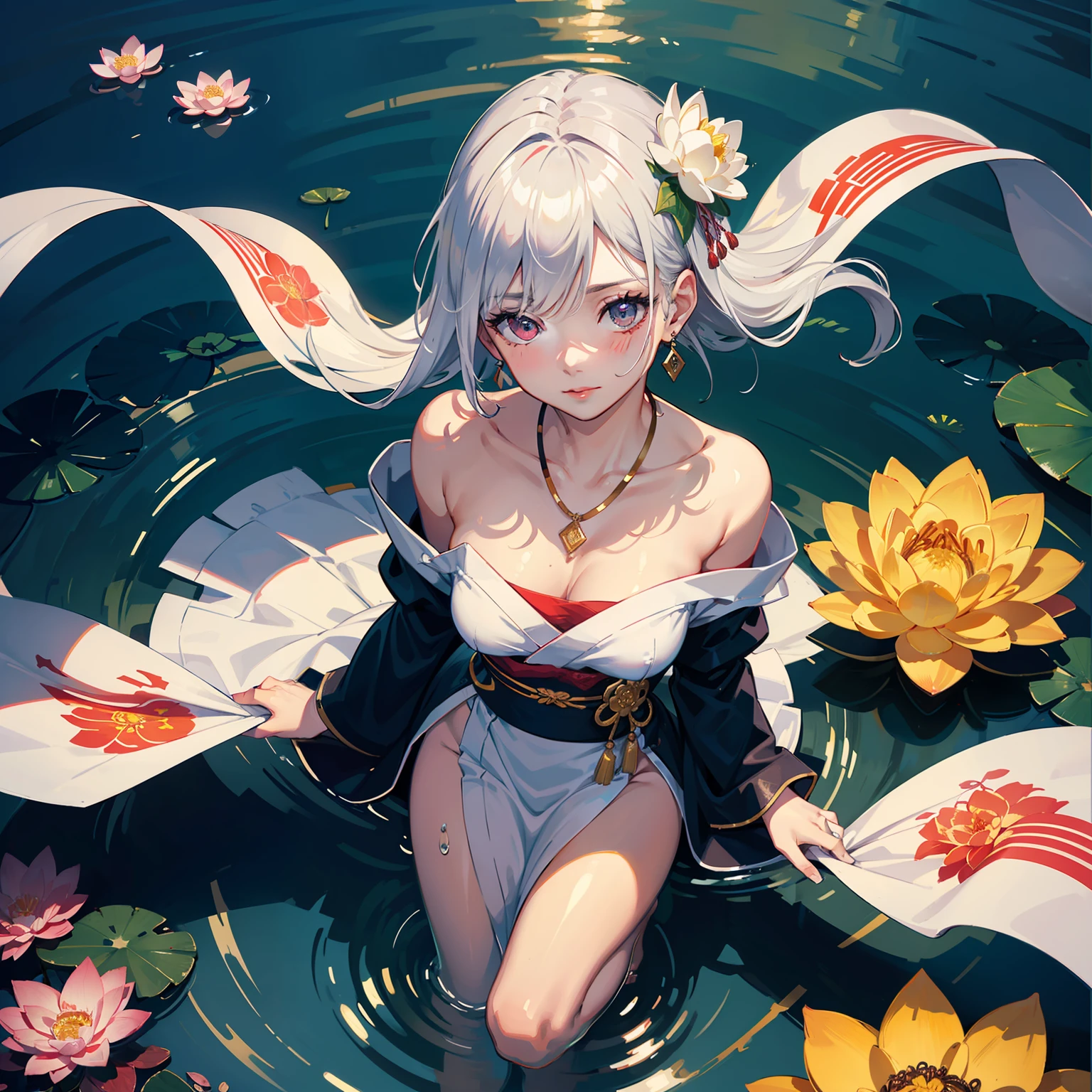anime-background-style-v2, Super Quality, Vaporwave,Synth Wave,weirdcore, dreamy, full body,(core background:1.25),Water ring,
Visual effects:movie lights, [[red, blue, green, yellow, black, white, pink, purple, cowboy shot,
((colorful)), ink and wash painting, delicate and beautiful girl, ((illustration)), ((floating hair)), ((chromatic aberration))]]
(sitting in pool with lotus flower:1.1),(barefoot:1.0),(chinese style garden :1.0),wet
((art of paper-cut)),china ,Red and white,PAPER-CUT,calligraphy,man and wife,(Flower, insect and fish),
white background, full body,hanfu，red lips，light rays，east asian architecture, 1girl,solo,(extremely detailed CG unity 8k wallpaper, masterpiece:1.4, best quality:1.1, ultra-detailed, best shadow), (chromatic aberration),(detailed background), High contrast, (best illumination, an extremely delicate and beautiful),(beautiful detailed girl:1.1),(ultra-detailed), vibrant colors,sharp focus,seductive,gloss:1.2,(wind lift:1.4), 
realistic, octane rendering, faux figurine, depth of field,
white_paper lantern,torii,Shinto shrine
(cowboy shot:1.1),full body:0.7,((from above)),
((silver hair)),collarbone, (shiny skin:1.5),small breasts,beautiful detailed eyes, necklace ,earrings,hair ornament,sweat ,blush ,very short hair,perfect face:1.1,gorgeous body, (shiny skin:1.3) ,(high detailed skin texture:1.1),
detailed skin,
red eyes,stars in the eye,sevil smile,Gold_Triangle earrings,necklace, pink_hairpin,eyeball,eyeliner, (floating hair:1.21)
Black Kimono with red mandala flowers,Stockings,
(dynamic pose:1.2),sitting on the desk,looking to the side, (original) , (very detailed wallpaper) , (best quality) , (masterpiece) , photographic reality, realistic, very detailed illustrations, (extremely intricate:1.2) , beautiful eyes, (delicate face) , perfect detail, (best lighting) , (super complex details) , doujin cover