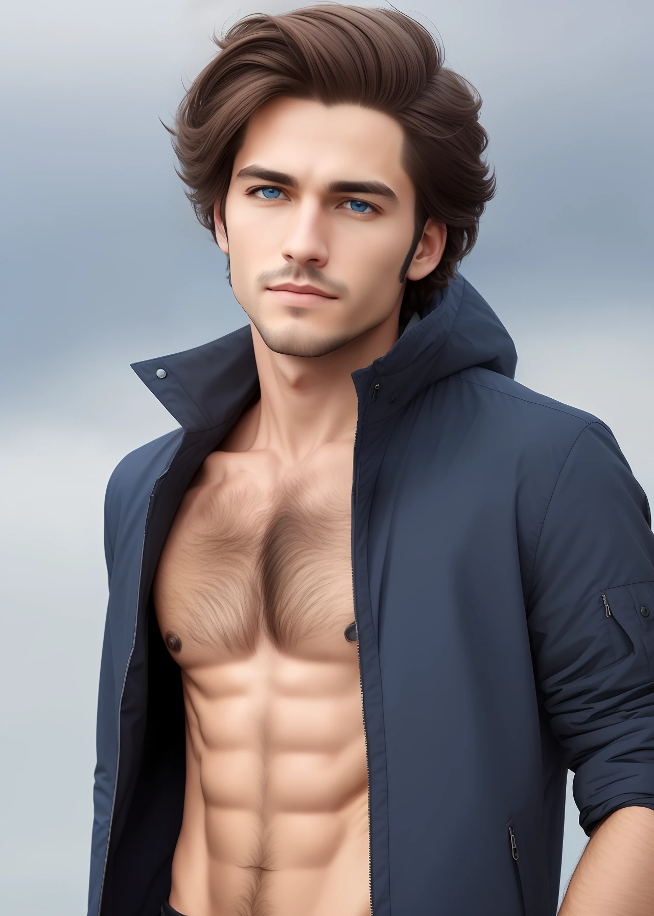 male people,whaite hair,quadratic element,short detailed hair,wind coat,Blue eyes