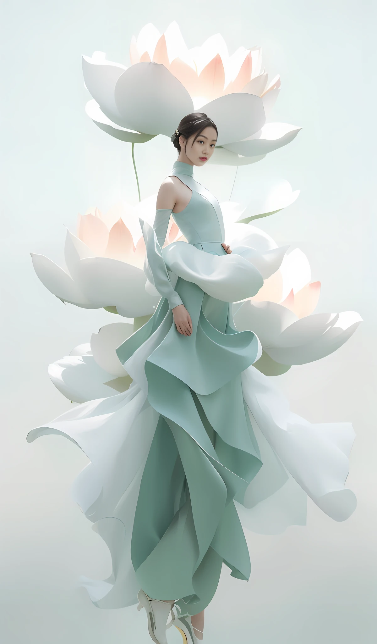 is wearing dress,Araved woman with a large flower on her head, standing gracefully upon a lotus, Inspired by Gao Qipei, inspired by Yanjun Cheng, digital art of an elegant, by Russell Dongjun Lu, inspired by Gao Cen, Inspired by Gao Xiang, inspired by Fei Danxu, author:Yu Zheding, flowinggown