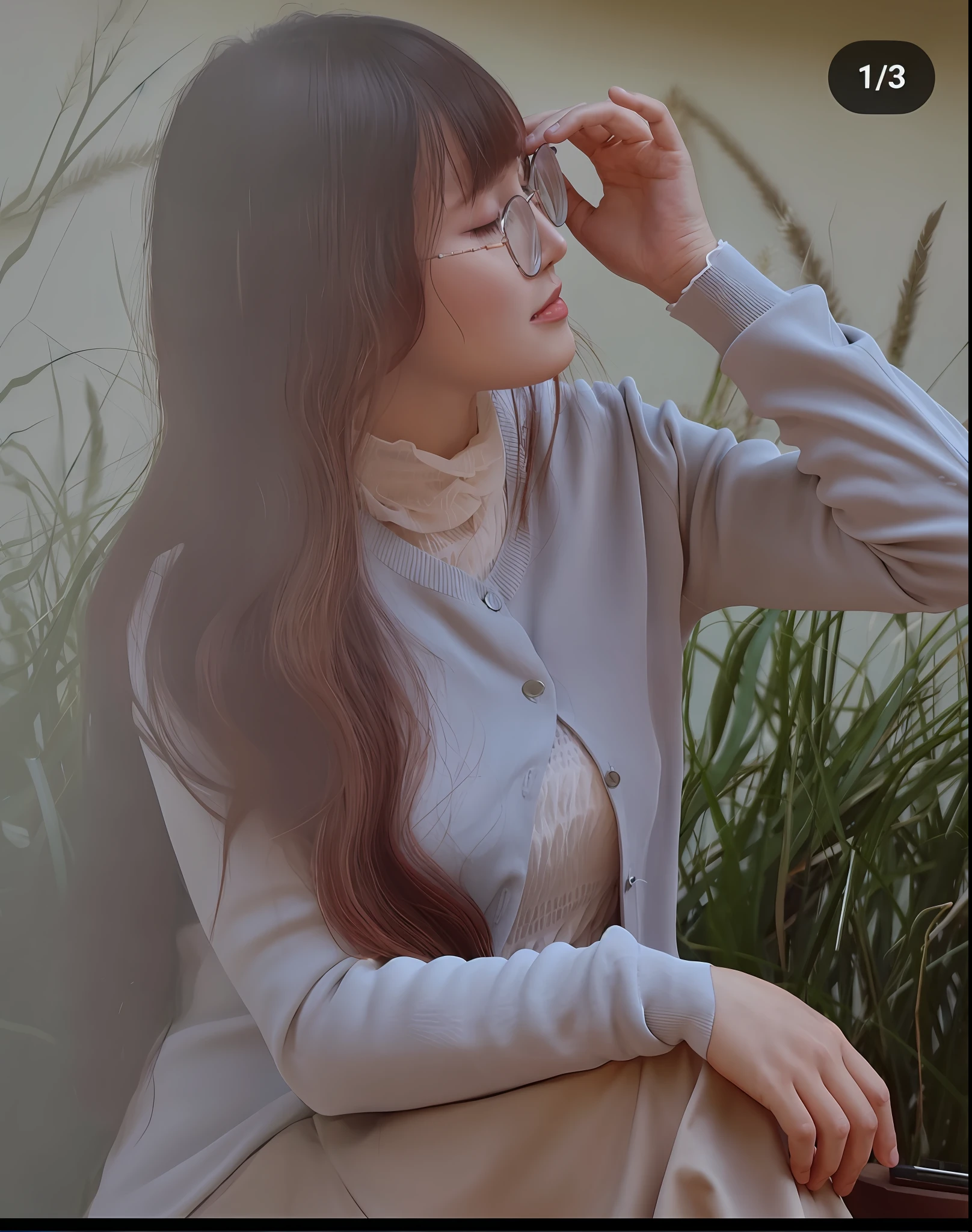 there is a woman sitting on a bench with a laptop, ulzzang, with glasses, wearing thin large round glasses, with square glasses, high quality portrait, inspired by Kim Jeong-hui, jaeyeon nam, cardigan, girl with glasses, soft light from the side, wearing small round glasses, lofi portrait, with long hair, sakimichan