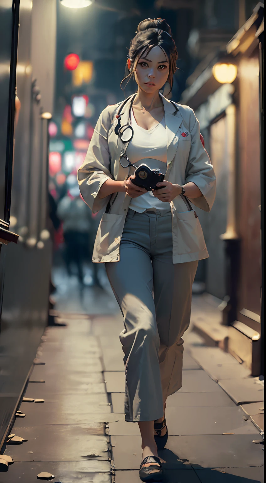 (
    (Character: one medical examiner woman, 40 years old, chinese, high bun in the hair,small smile)
    (Clothing: medical coat, gray hakama pants and flat shoes)
    (Pose: full body shot:1.7, with a stethoscope)
    (Background: dark alley at night:1.3, intense urban lights in background, gray color scheme) 
    (Style: ((masterpiece:1.5)), (face detailed), photo-realistic:1.3, hyperrealistic, film grain, realistic lighting, backlighting:1.3)
)