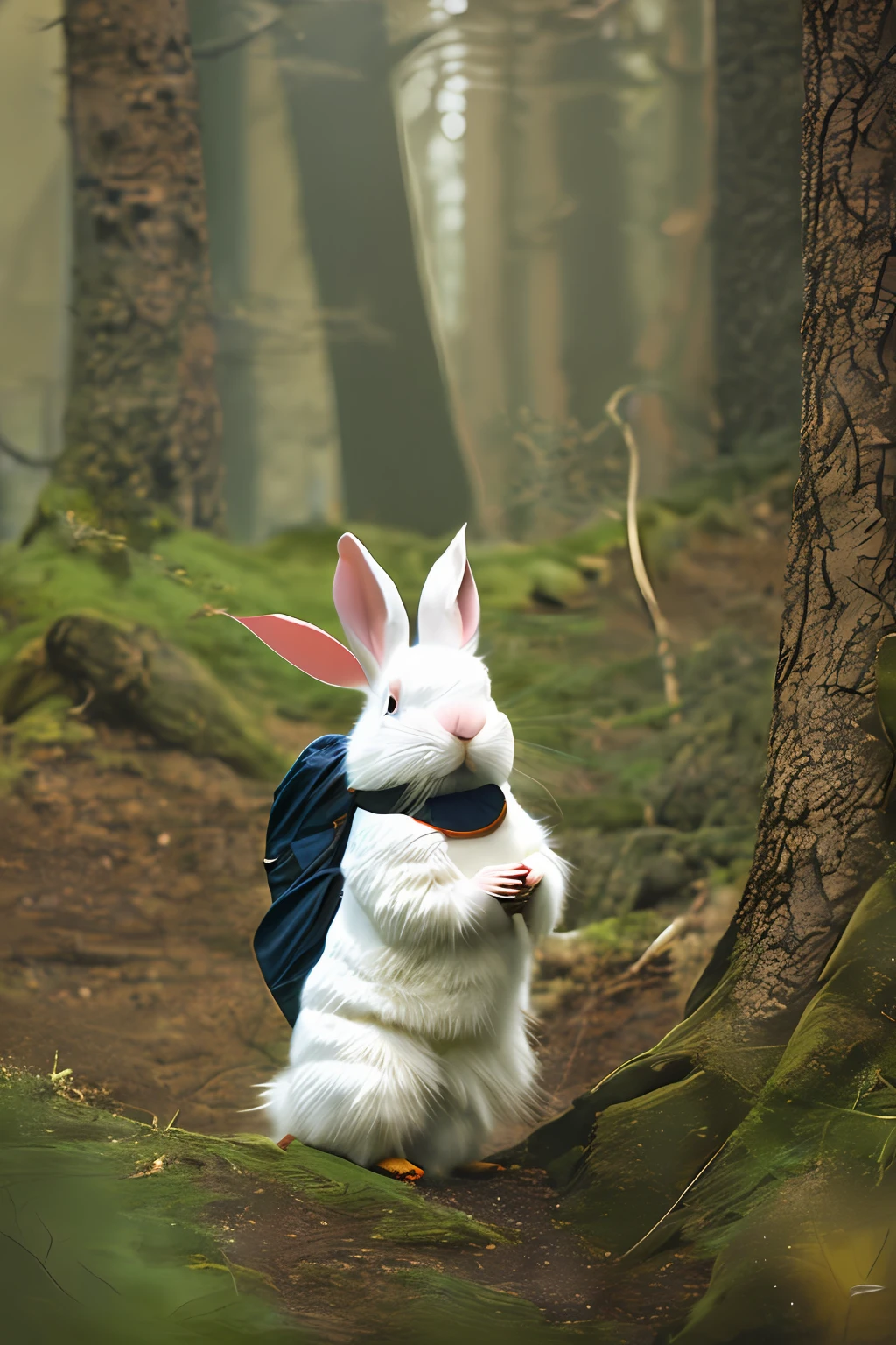 classicnegative portrait photo, fantasy video game character concept art, a cute white fluffy rabbit wearing a small brown leather backpack looking at a map hiking through a forest, dungeons and dragons, fantasy, river, haze, halation, bloom, dramatic atmosphere, 1970s dark fantasy movie, centred, rule of thirds