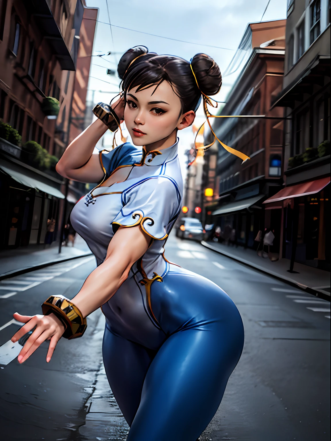 Woman in her 20s, chun-li, gorgeous, (perfect face), defined chin, beautiful deep brown eyes, beautiful lips, (short brown hair, bun, double bun), (perfect anatomy), (athletic body), (sexy), (thick thighs), (perfect hands), (blue cheongsam), blue tights, pointed bracelets, looking at the viewer, (full mid-plane photograph), (fight arena background), realistic, street fudo chinese trade, thigh gap