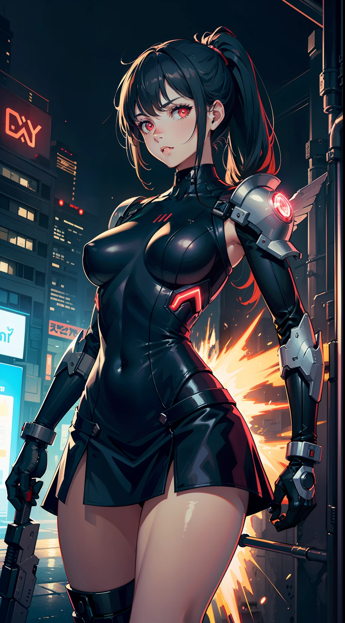 gundam\(rx78\), masterpiece, best quality, (extremely detailed CG unity 8k wallpaper, masterpiece, best quality, ultra-detailed, best shadow), concept art, illustration, science fiction, machinery, cyberpunk, city, night, neon lights,
1girl, solo,
twin ponytail, beautiful face, beautiful eyes,mecha armor, motion lines, short skirt, tight shirt,cyborg, detailed ribbed impossible bodysuit, shoulder armor, mechanical arms, cybernetic limbs,glowing, enchanting, ((cute perfect face, bright glowing red eyes)), (perfect anatomy, petite perky breasts), valkyrie, powerful, future, figurative, representational, beauty, fantasy worlds, composition, scale, foreground, middle ground, background, perspective, light, color, texture, detail, dynamic angle,