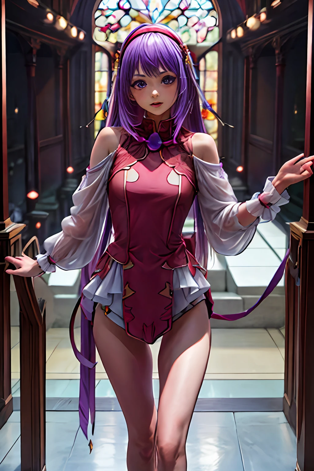 masterpiece, best quality, highres, 1girl, solo, purple hair, long hair, hairband, long hair, (standing:1.3), spread legs, upper body, thigh gap