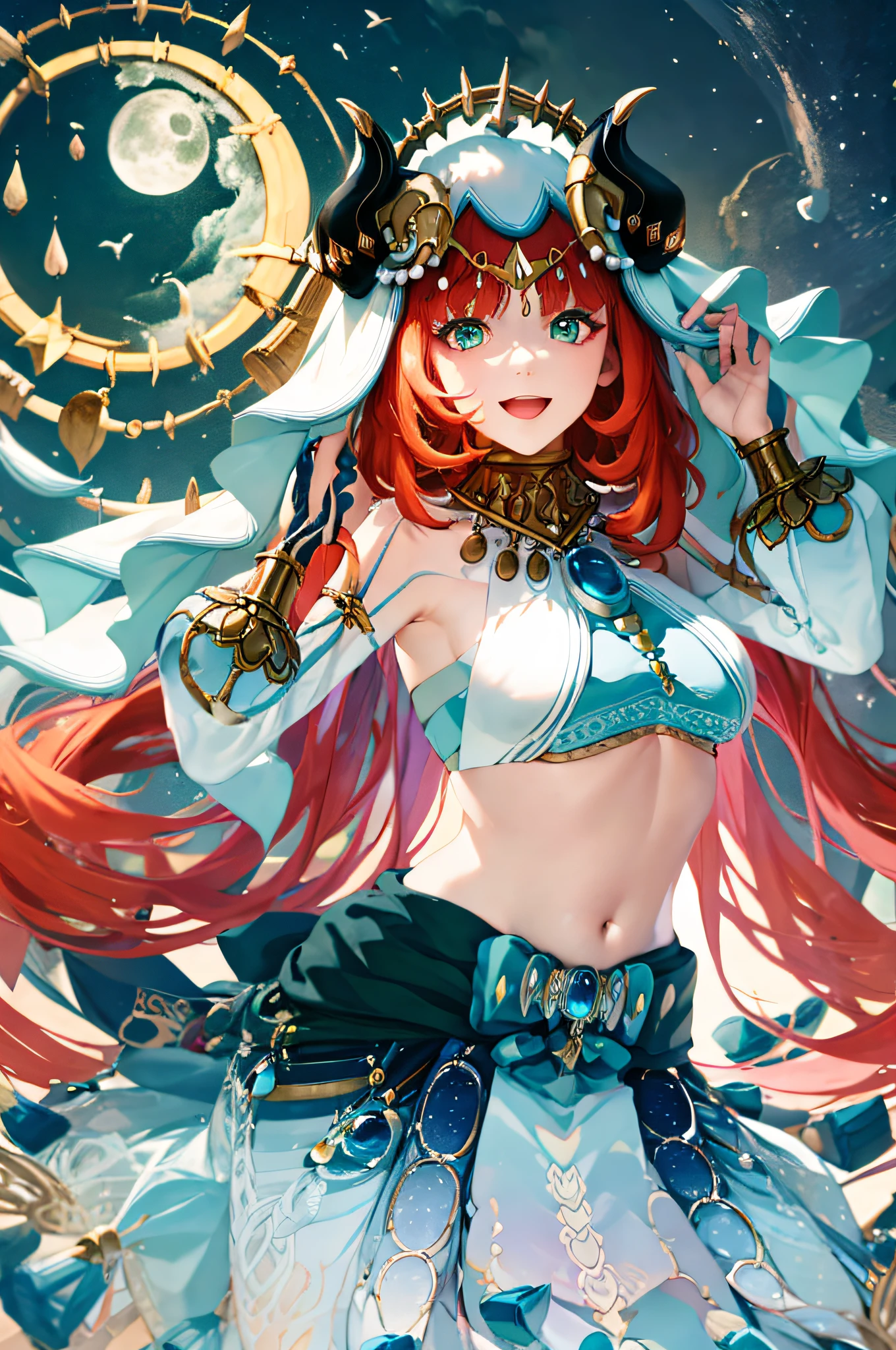 (Realistic painting style:1.1), masterpiece, best quality, absurdres, nilou (neither flower nor mist) (genshin impact), aqua eyes, nilou (genshin impact), fake horns, 1girl, solo, red hair, veil, smile, moon, long hair, crop top, jewelry, horns, night, bracer, brooch, long sleeves, puffy long sleeves, looking at viewer, skirt, bangs, twintails, water, puffy sleeves, sky, neck ring, open mouth, :d, full moon, night sky, flower, harem outfit, gold trim, parted bangs, arm up, breasts, circlet, outdoors, blue skirt, hair ornament, detached sleeves, low twintails, floating hair, gem, hair flower, blue gemstone, hand up, dancer, white headwear, small breasts, stomach, midriff, cowboy shot, blue bow, very long hair