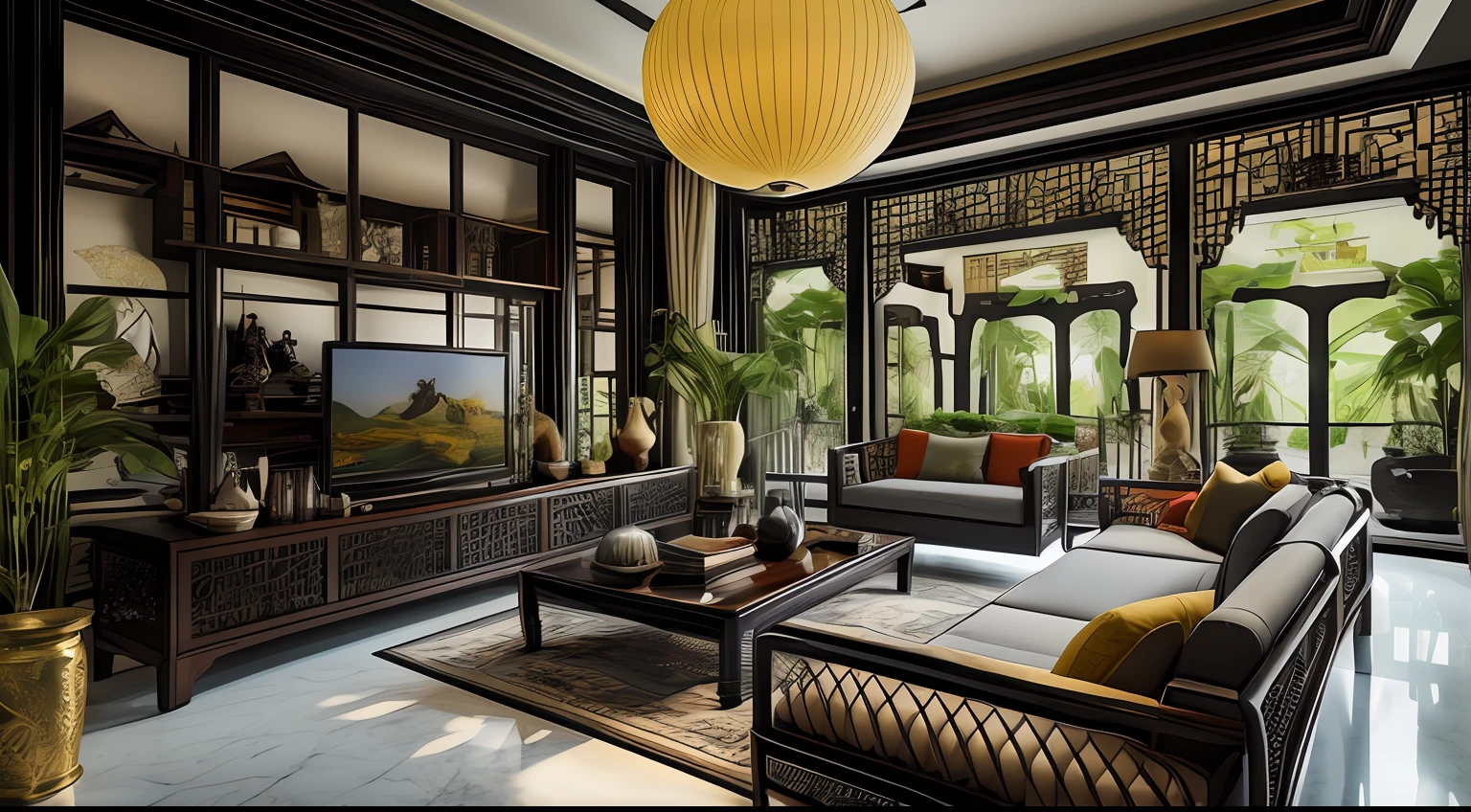 (( masterpiece)) (( ultral realistic)) (( sharp forcus)) (( high detail)) livingroom in indochina style,china , vietnam, black wooden furniture, wallpaper, patent,glossy, ceramic tiles floor,