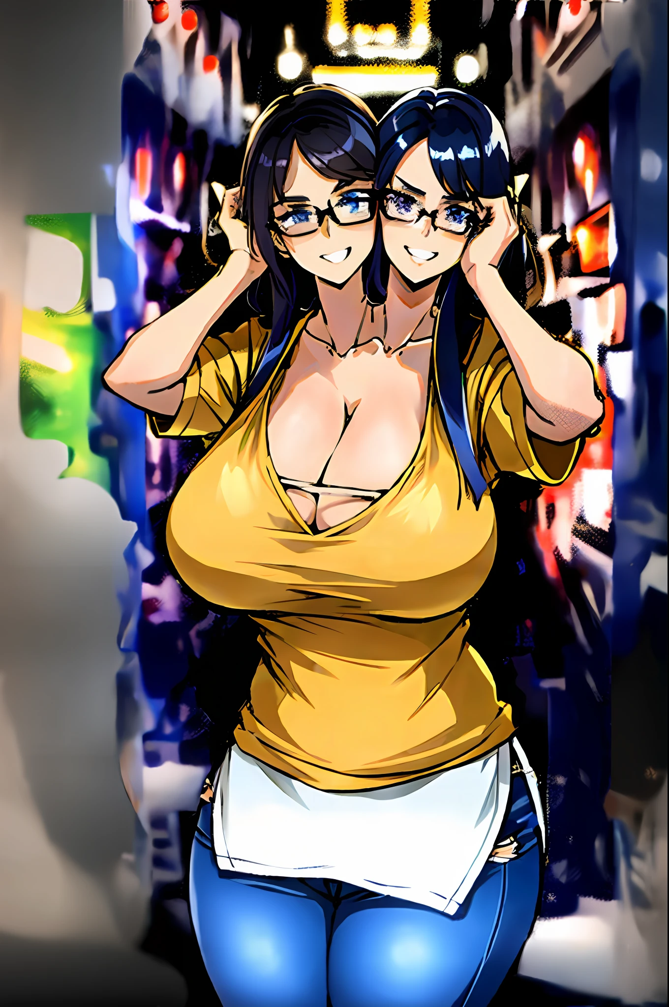 2heads, a short chubby woman with 2 heads. She has enormous breasts. She has messy hair. She looks nerdy. She is wearing a baggy hoodie and jeans. She is in an arcade that is only lit by arcade games. She looks excited. Her breasts are gigantic. She has firm and round breasts. She is wearing a very tight t-shirt with a low-cut neckline.