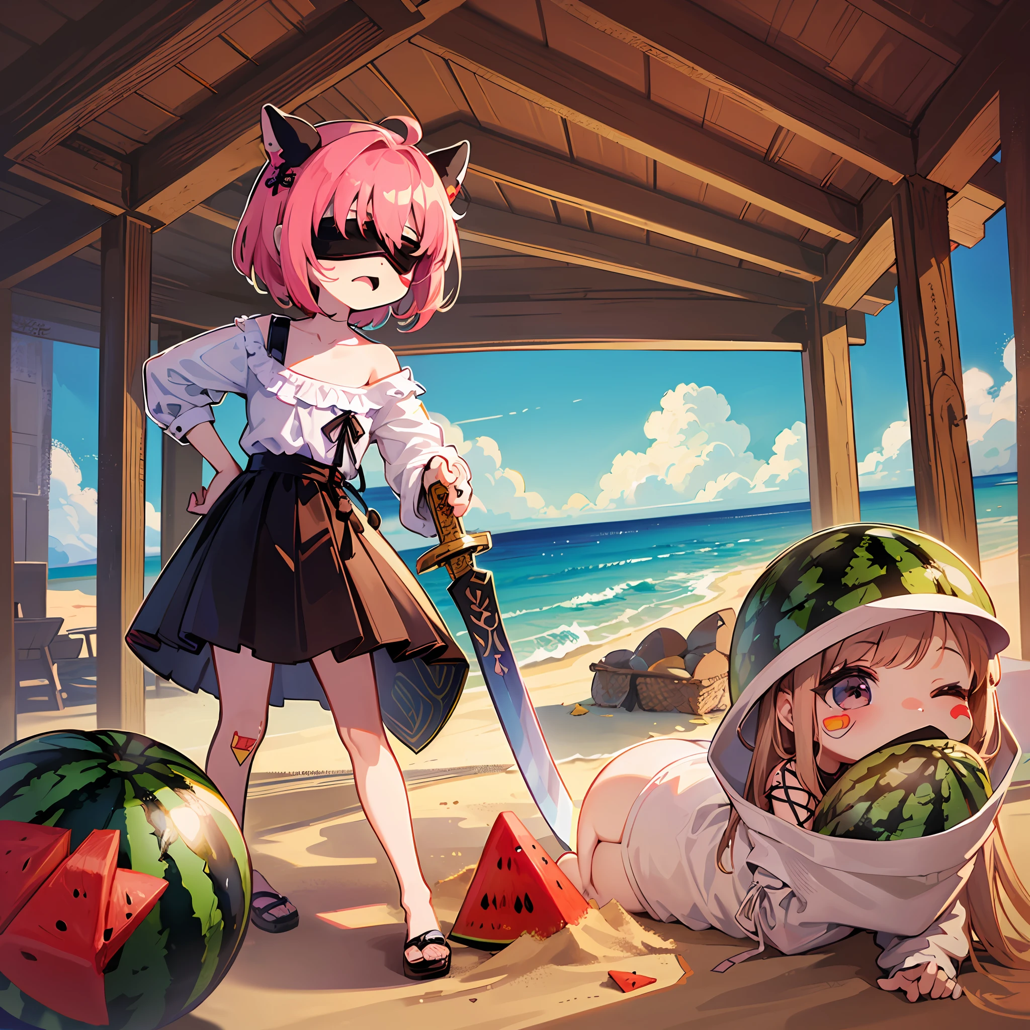 ((a sticker:1.5)))、((Chibi Chara))、((Blindfolded on the beach and holding a wooden sword to break a watermelon))、sand beach、1girl in、sano、、Strongest、Chibi Chara、fullllbody、Pastel colors hair、masutepiece、top-quality、high-level image quality