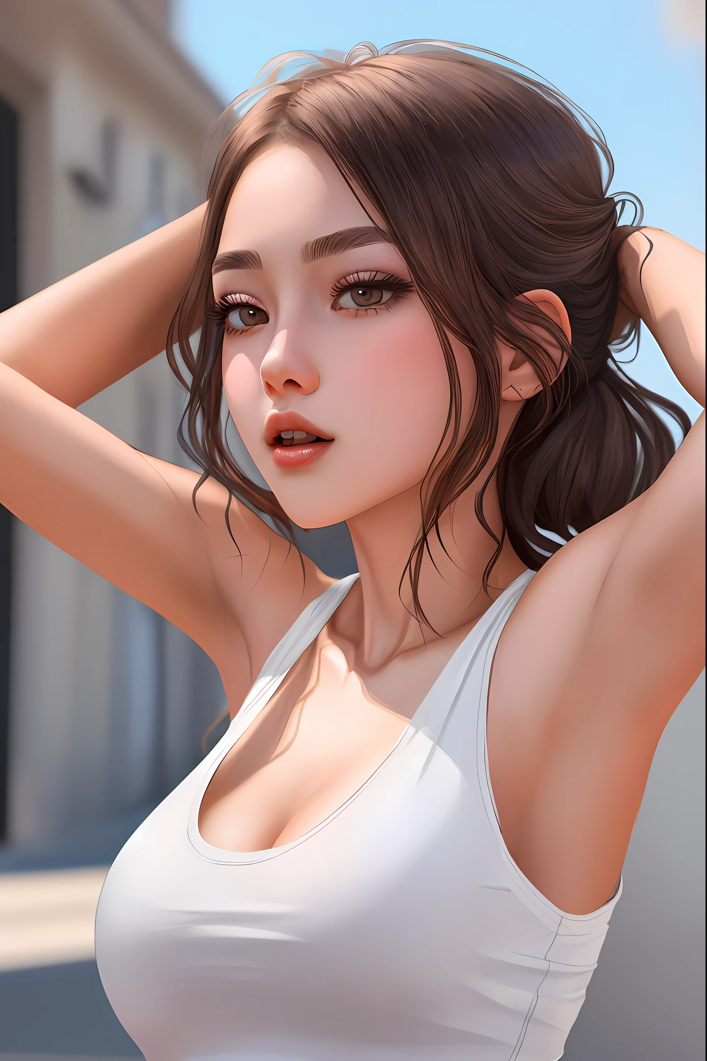((Best quality, 8k, Masterpiece :1.3)), 1girl, Pretty woman with emphasizing slender abs :1.3, (random hairstyles :1.2), Oversized tank top :1.2, Ultra-detailed face, Detailed eyes, Double eyelid, armpit