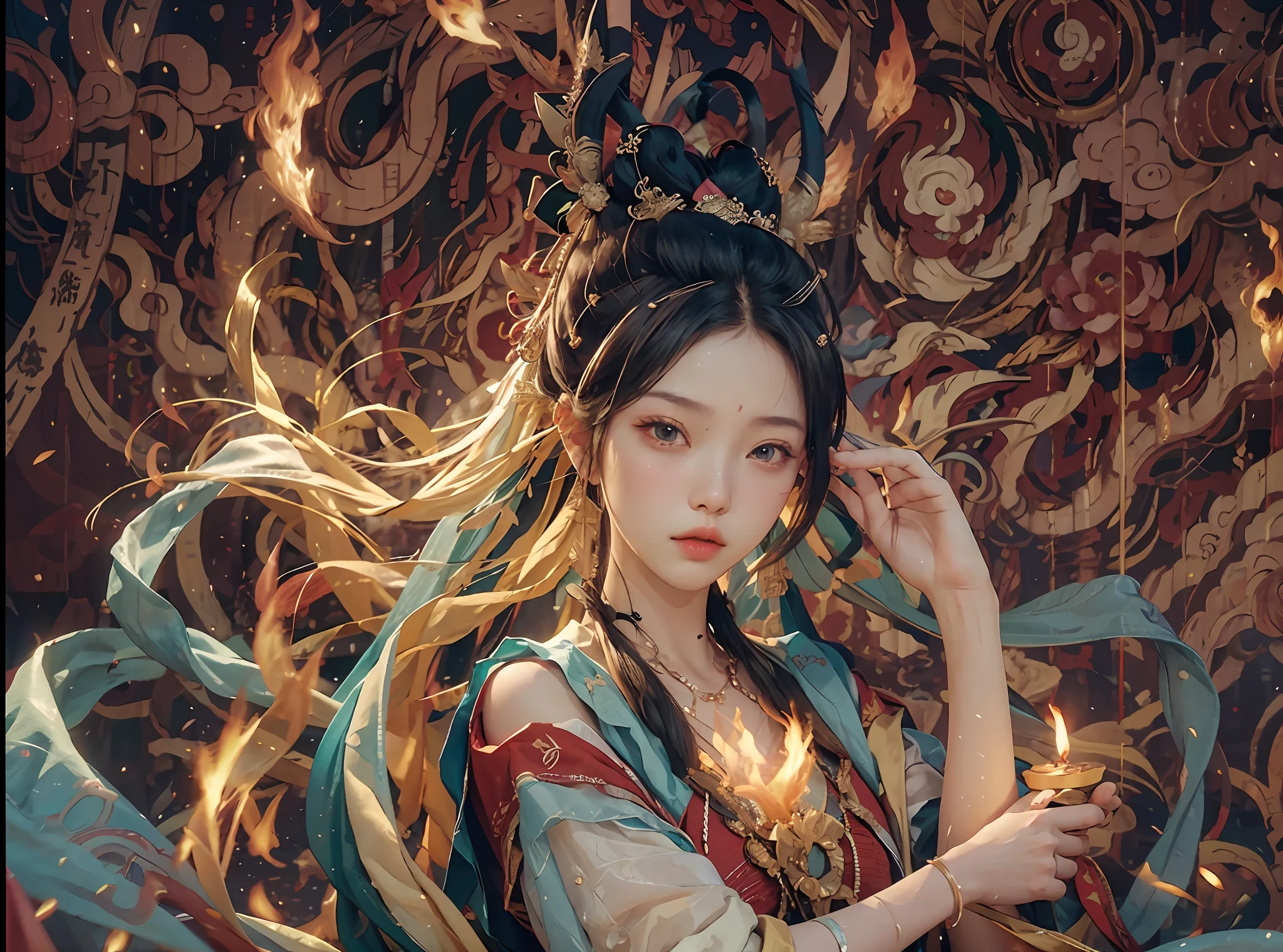 (RAW photo, best quality), (realistic, photo-realistic:1.3), best quality, highly detailed, masterpiece, ultra-detailed, illustration, 1girl, upper_body, beauty, world mastery theater, messy_long_hair,best quality, extremely detailed CG unity 8k壁纸,墨水,惊人,电影灯光,lens_flare,dunhuang_style