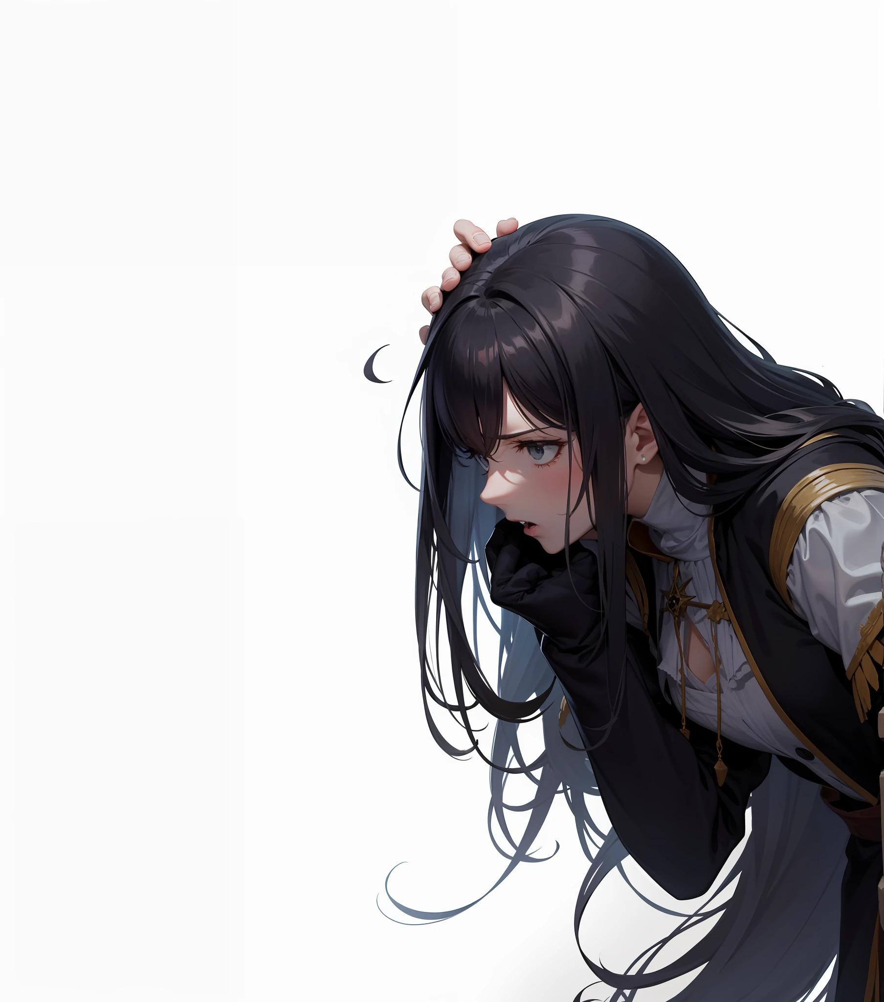 1 garota ajoelhada com medo, fear expression, panicked, Hand on face, head down, cabelo castanho escuro, sky background, navio pirata, obra prima, realista, atmosfesra medieval.