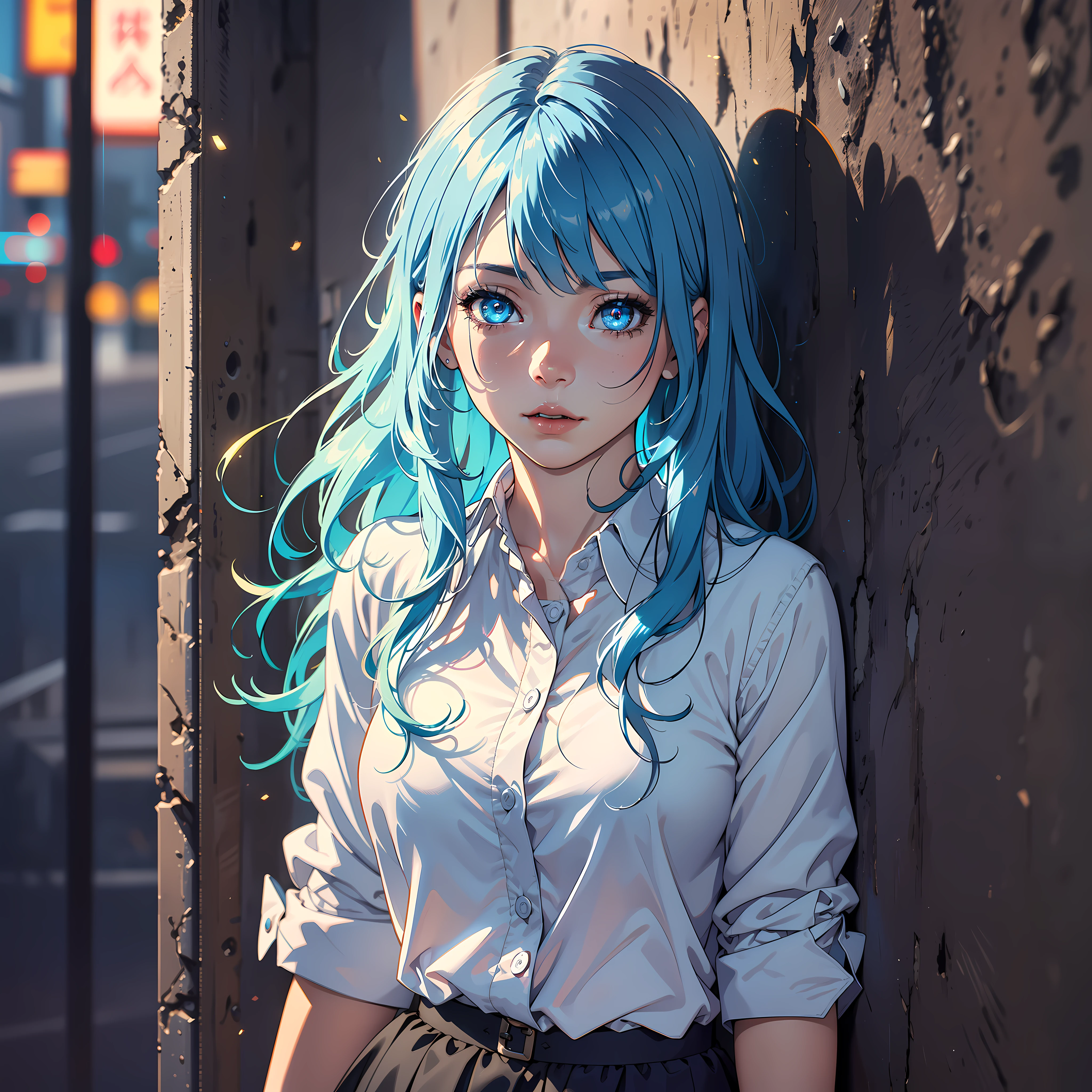 (Realistic), (Highres), 4K, 8K, Detailed Illustration, Ultra-Detailed, Ambient Light, Backlighting, Realistic Shadows, Glowing Particles, Light Particles, Digital Art, Detailed Face, Detailed Hair, (Hyper-Detailed Eyes:1.2), Soft Light, Soft Lighting, (Outdoors:1.15), (1girl), blue hair, blue glowing eyes, white shirt, black skirt, leaning against wall
