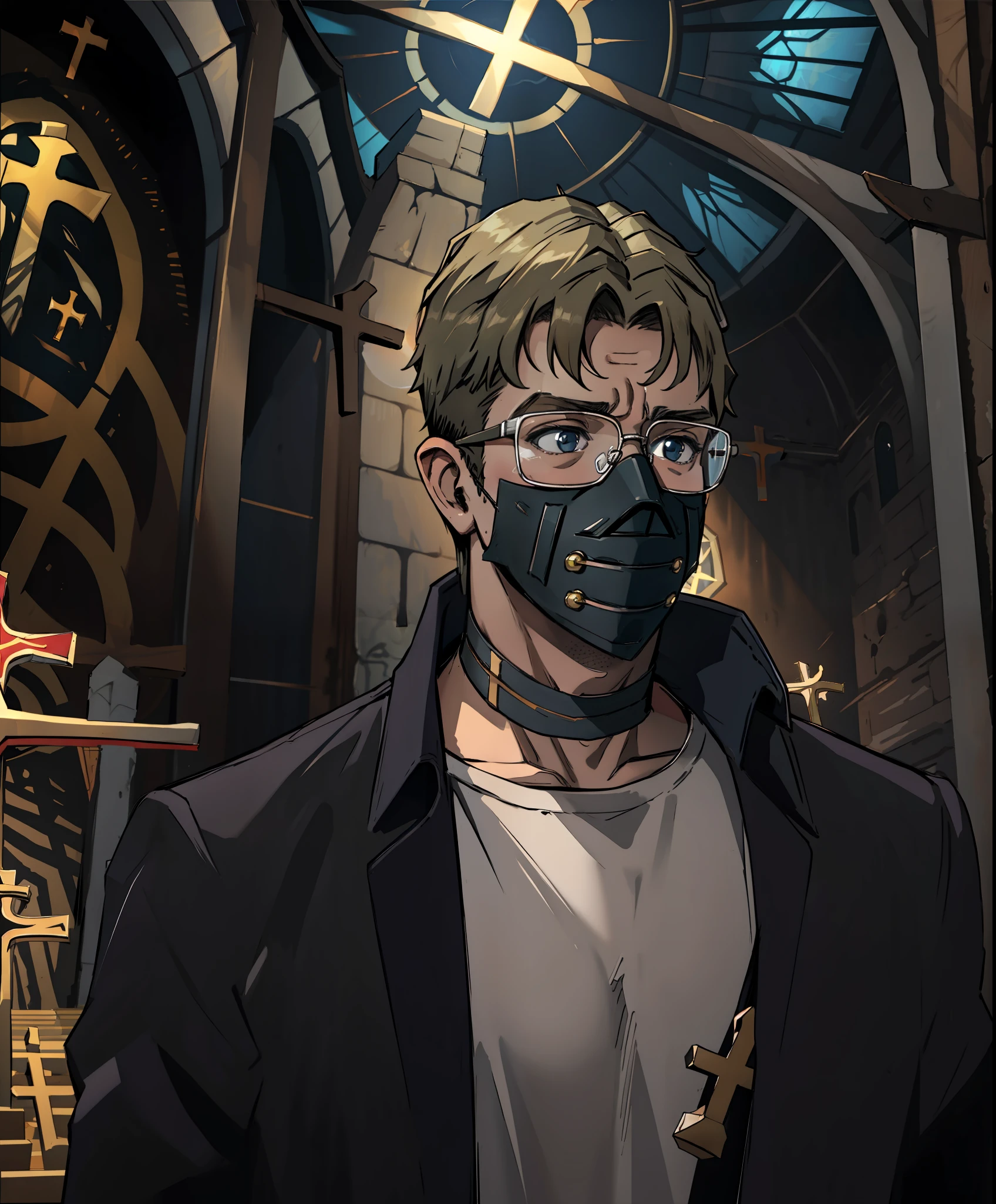 masterpiece, man , best quality, choker, gloves, face mask, glasses, naked chest, take off shirt, church cultist, halo, cross, in church, little horns