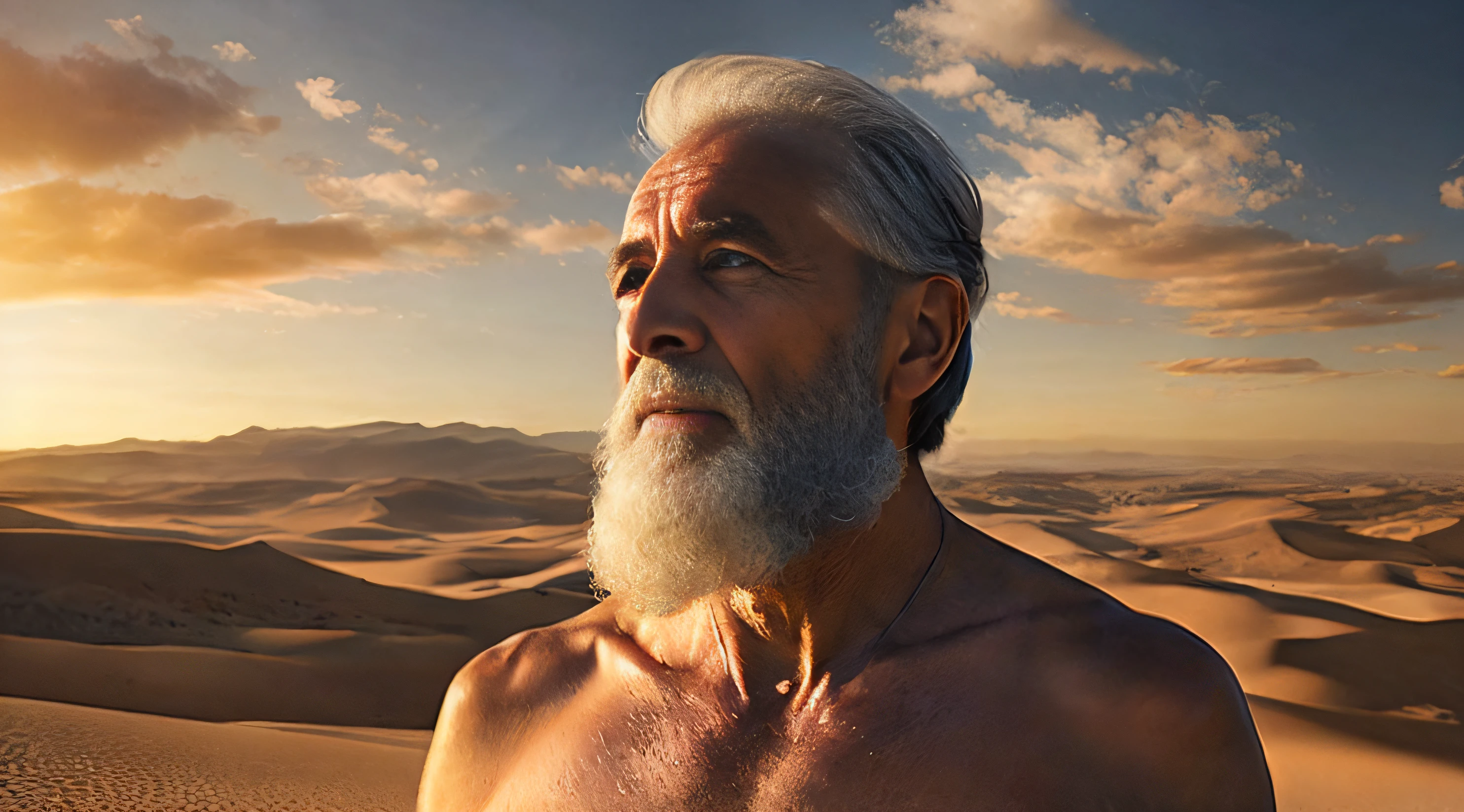 Ancient Israel、Biblical times、1st century、Biblical Stories、((Thin old man with severe skin diseases))、((Look up at the sky and pray))、Upper body naked、Wasteland、Suffering face,、8K、Raw photography、top-quality、​masterpiece:1.5、ultra-lightweighthigh-resolution、Photorealsitic:1.5、ciinematic light、soft volumetric lighting:1.5、realisitic、Photorealsitic:1、Detailed skin、profetional lighting、a picture、foco nítido、detaileds、profetional lighting、photon maping、detailed and intricate environment、ighly detailed、top-quality、Artistic photography、photorrealistic concept art、soft natural volumetric cinematic perfect light、Midjourney、Detailed hand、