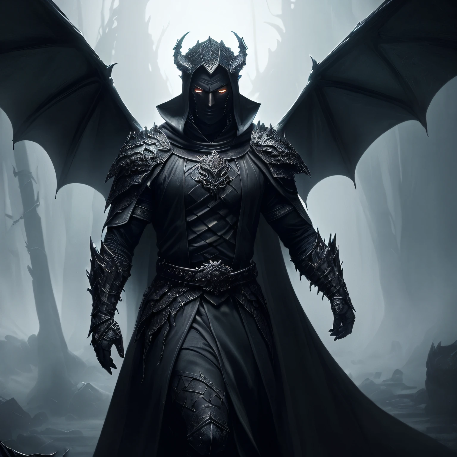 a handsome man with a dressing in white robes and black underclothes, (his white robes are spilled with splotches of blood:1.15), in his left hand is a bone arm whose hand grasps a heart, (grimdark fantasy art:1.2), (dark fantasy:1.2), medieval, gloomy, bright, (best quality:1.2), (masterpiece:1.2), (absurdres:1.2), hq, (young man wearing silky smooth shadow armor with leathery skin and the texture of a dragon:1.15), (black fog emanates from the whole of his spine forming into small tendrils in the shape of grotesque wings:1.2) --auto
