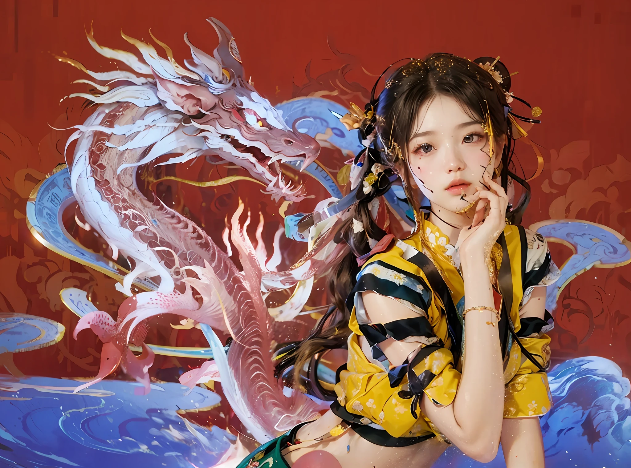 (RAW photo, best quality), (realistic, photo-realistic:1.3), best quality, highly detailed, masterpiece, ultra-detailed, illustration, 1girl, upper_body, beauty, world mastery theater, messy_long_hair,best quality, extremely detailed CG unity 8k壁纸，墨水，惊人，电影灯光，lens_flare，dunhuang_style