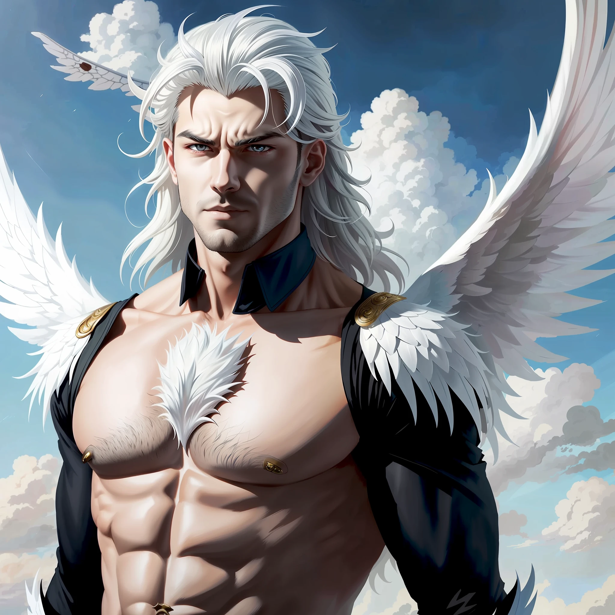 arafed male with white hair and wings on his chest, fit male demon with white horns, godrays digital painting, detailed anime character art, male anime character, white haired deity, luis ricardo falero, archangel, hyperdetailed fantasy character, beautiful male god of death, complex fantasy character, fan art, full - body majestic angel