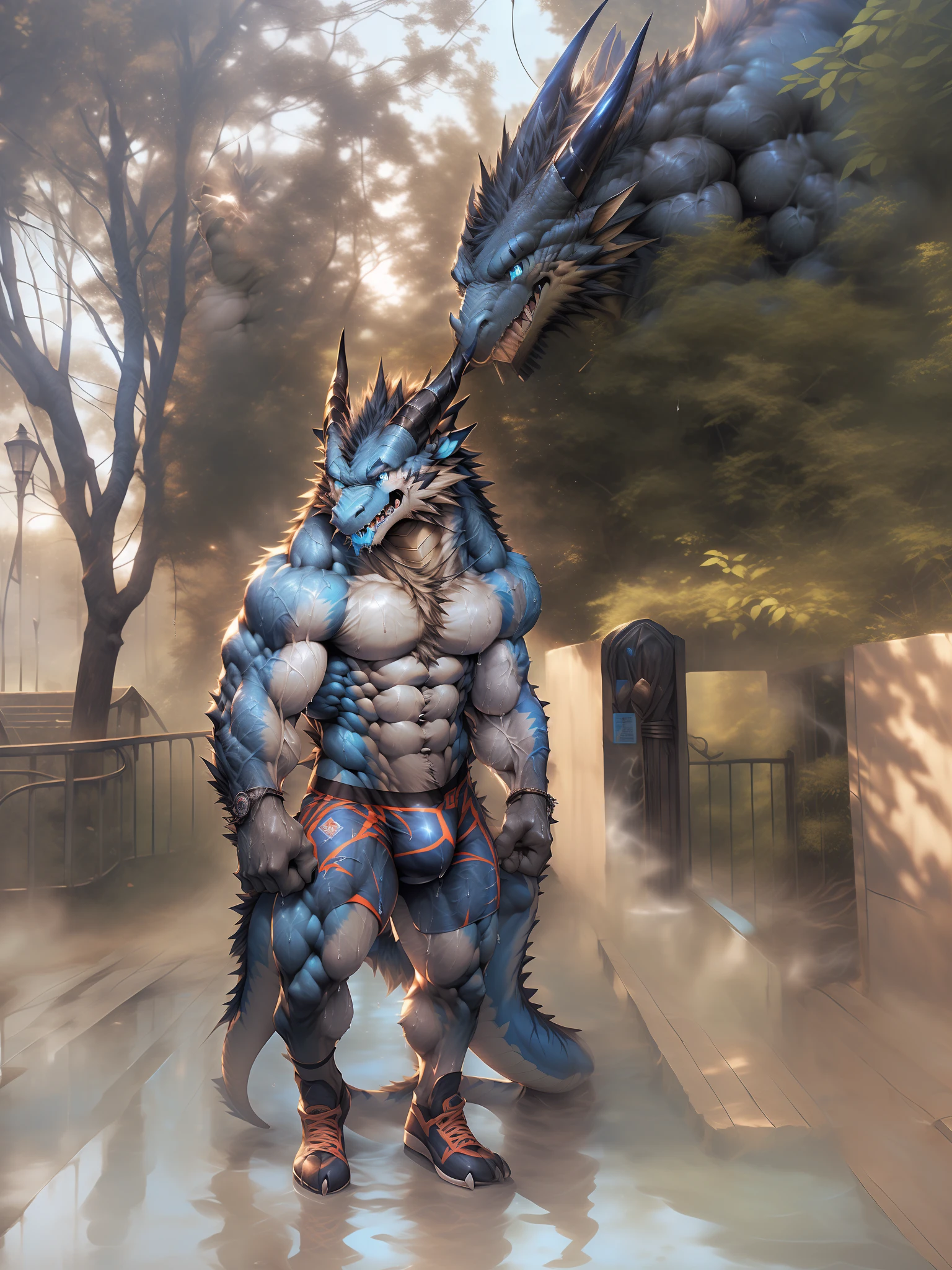 ((solo)), anthro Dragon male, (blue fur, darker face and hands:1.5), ((Draconic tough face, neon blue tongue, confident and suggestive look, big eyes, black horns, blue pupils:1.3)), (((detailed eyes))), male, late forties, athletic, abs, strong, tall, (veiny, ripped muscles:1.8), (correct anatomy, heavy build, wide torso, small head:1.7), (realistic fur, detailed fur texture, dripping sweat:1.3), detailed background street, photorealistic, uploaded to e621, (underwear:1.3), (huge bulge:1.3), (hand on bulge:1.2), (erection:1.2) bare torso, hyper realistic, ultra detailed, (detailed clothing: 1.2), natural lighting, night time, (muscular, sweaty:1.9), flexing,