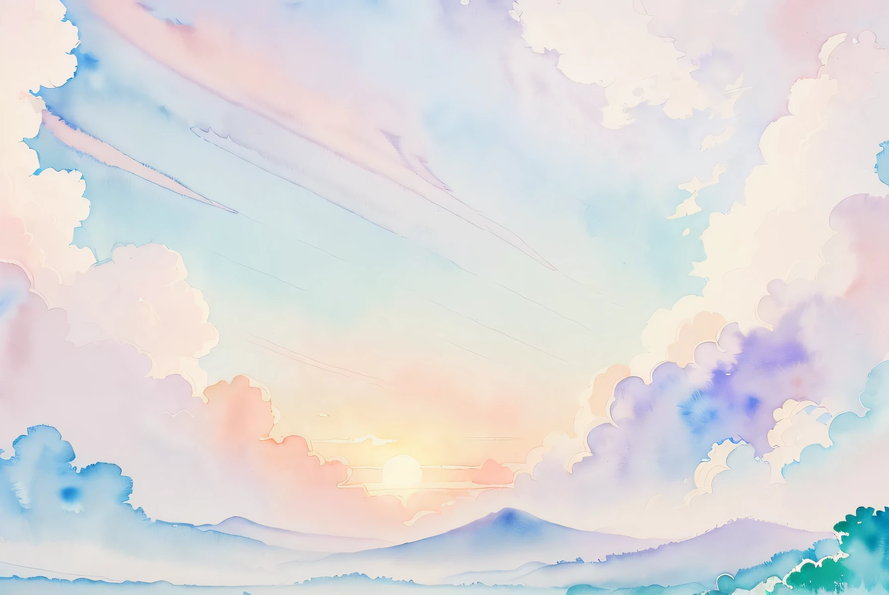 (Watercolor touch:1.4), ((Light purple and emerald green color scheme:1,3)) ,(Sun and sky:1.1)chinese style painting, (The absence of humans and animals)、((Shades of light shades:1.3))(Pale pink daytime sky:1.4)、Blue sky at noon、fluffly, (pale color:1.3)、 ((top-quality)), ((masterpiece)), ( Extreme details, highestdetailed, Official art, Beautifully Aesthetic:1.2), depth of fields, Beautiful bright sky style scene。Wallpaper 4k,Anime art wallpaper 8k, amazing wallpapers, ,luminous sky heaven background, Colors of Heaven, background sky, Pastel sky, Colorful sky, ((pastel faded effect)), Ethereal background, Sky gradient, Heavenly background, dreamy colors, dreamy sky, airy colors, Colorful sky, Mysterious shades of clouds,