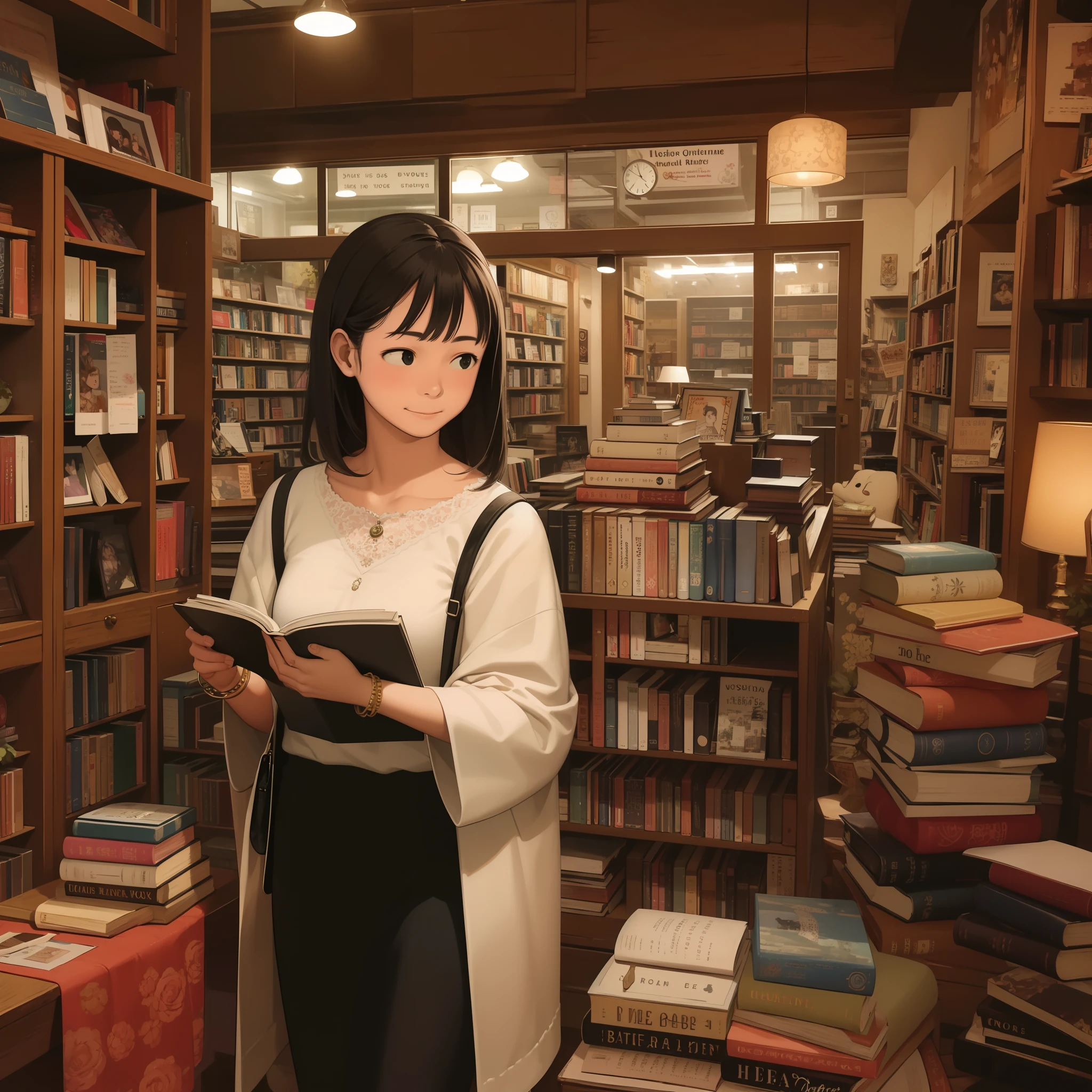theme："Old-fashioned reading time"　Background with：Used Bookstore。Camera Angle：Capture a woman obsessed with nostalgic books。She is surrounded by vintage books.、Enjoy quiet reading time。ornament detached：Bracelet with the motif of the pages of used books。