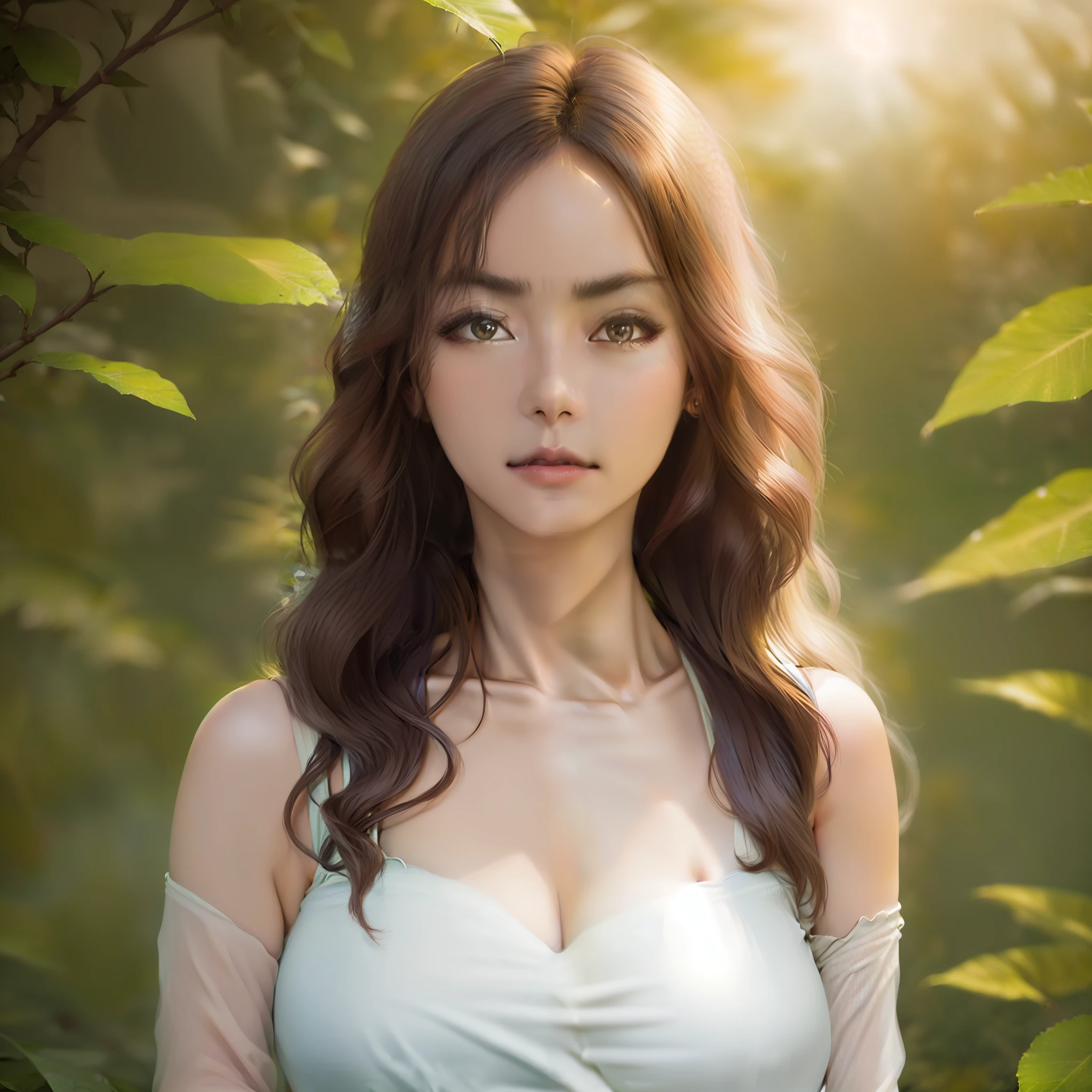 Bust portrait photography,Realistic skin,wavy and long hair,Morning light background,Foliage,Super beautiful girl,cropped shoulders,deep v big breasts.,Valley background,breast enhancement,Big breasts Thin waist,Sentimental expression,Suspenders