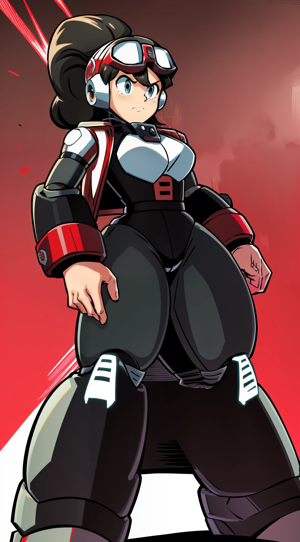 1Girl, Heavily red and white thick armor, two-tone gloves, black skirt, heavy black cybernetic boots, heavy cybernetic red/white arms with black bracelets/black wristbands, heavy cybernetic red torso with black jacket, black waist belt, red waist band, megamanX red and white heavy armor, long black pony tail, red and black trim aviator goggles on forehead, heavy thick black hair, metallic red skirt, large black jacket, red armor with white trim, wearing biker jacket, wearing thick/wide black wristbands, punk pose, hands near hips, two-tone white and red gloves, long black/brown ponytail, big jacket