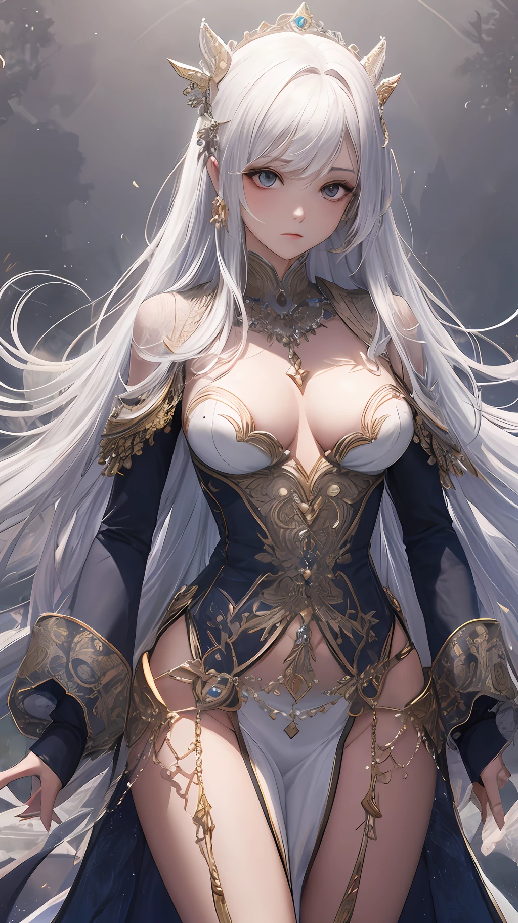 Beautuful Women,Perfect body proportion,are standing,the detail,Extra-long white hair,Perfect light,Wallpapers,tmasterpiece,Intoxicating,Wear jewelry,Beautiful and moving,4k,8k,Princess-like look