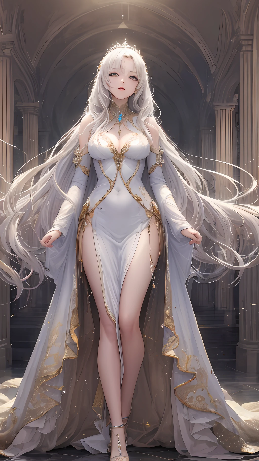 Beautuful Women,Perfect body proportion,are standing,the detail,Extra-long white hair,Perfect light,Wallpapers,tmasterpiece,Intoxicating,Wear jewelry,Beautiful and moving,4k,8k,Princess-like look