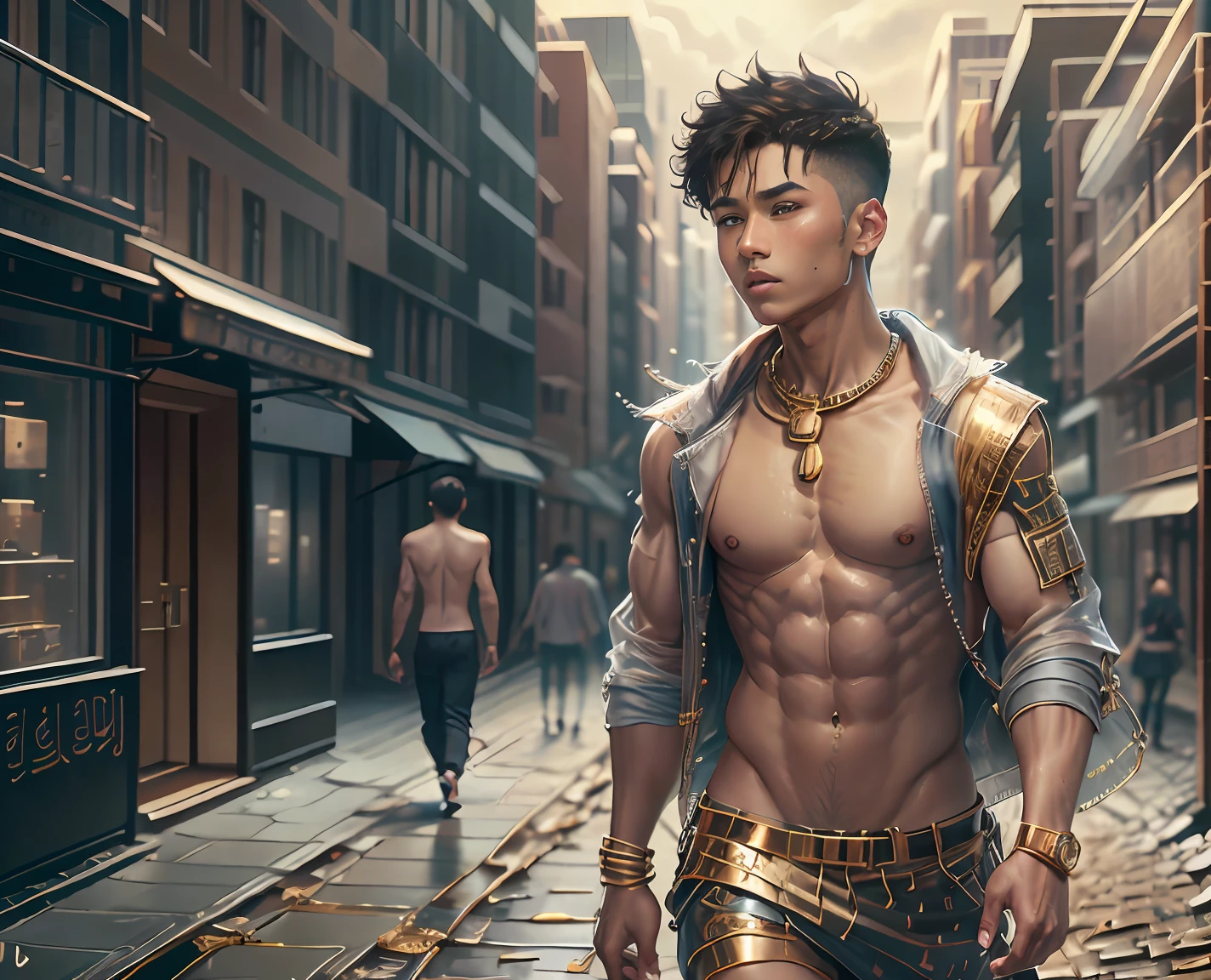 Shirtless 14-year-old mixed-race Korean man walks ????? in tan golden skin through city streets looking for directions Look at buildings curiously, from different anglesThe bronze-brown skin of the dark clothes of ancient Egypt. busca algo mira en diferentes direcciones tiene miedo , cabello liso