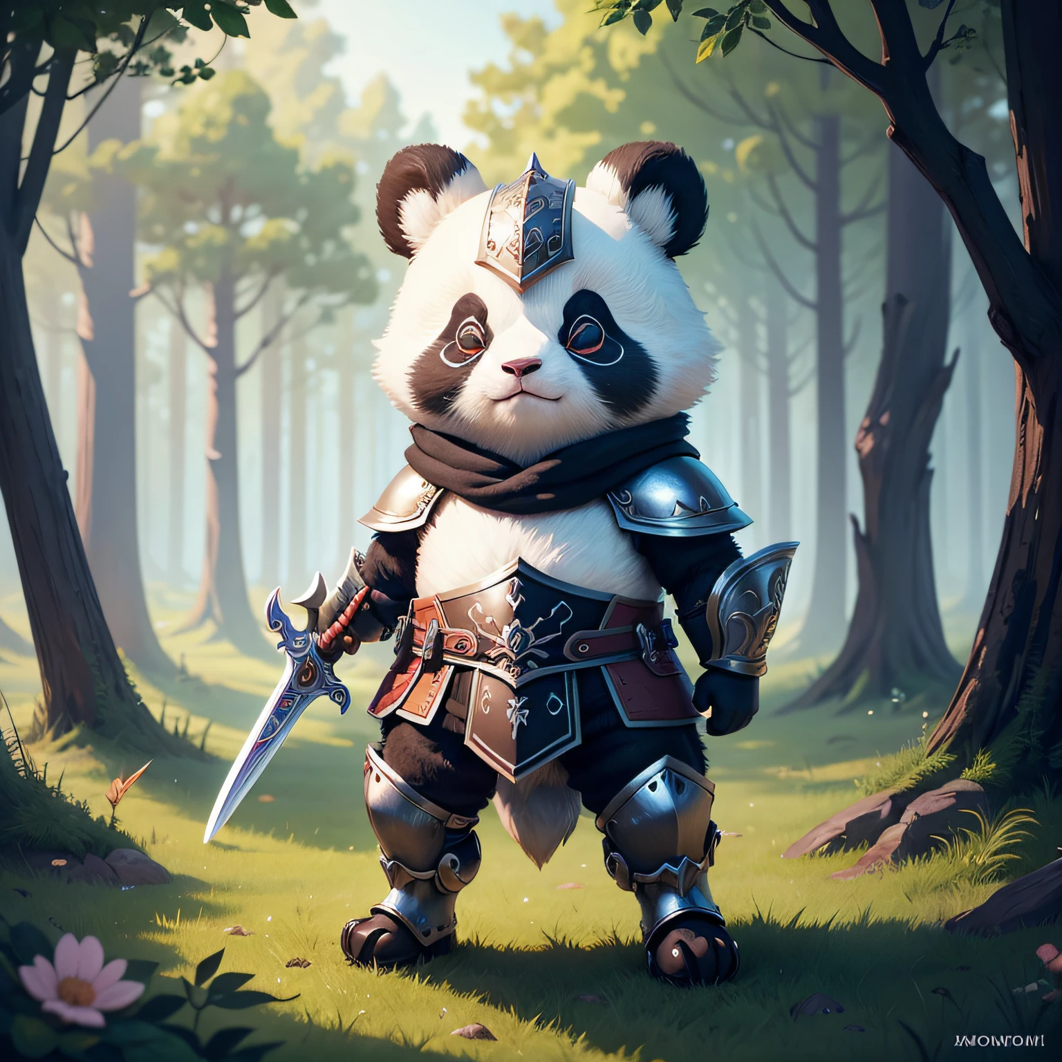 There is a panda,Wearing armor,Long sword in hand,Cut forward,Cute detailed digital art,lovely digital painting,adorable digital art,cute anthropomorphic bunny,Cute 3d rendering,Lovely detailed artwork,adorable creature,Cute cartoon character,Cute little animals,cute artwork,beautiful digital artworks,dream animal cute eyes,cute forest creature,cute animal --auto