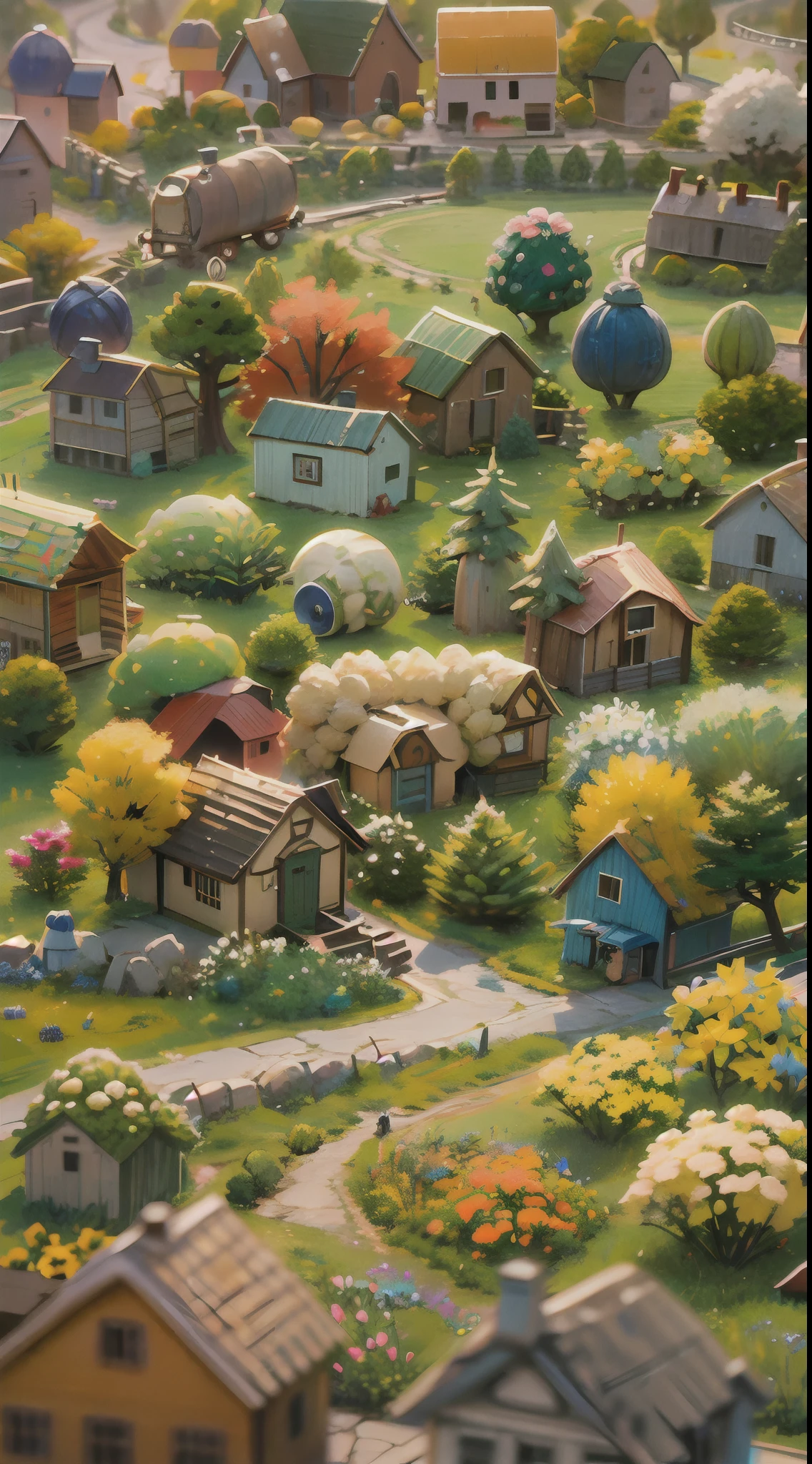 cute world of wool felt, wool knitted fabric, cartoon, some small houses, farms, barracks, warehouses, flower houses, super cute, superb lighting, volumetrics, by Jon Klassen, Ghibli Studio style, Tilt - shift, 80mm lens, Large aperture, 3d, blender, masterpiece, super detail, best quality, --v6