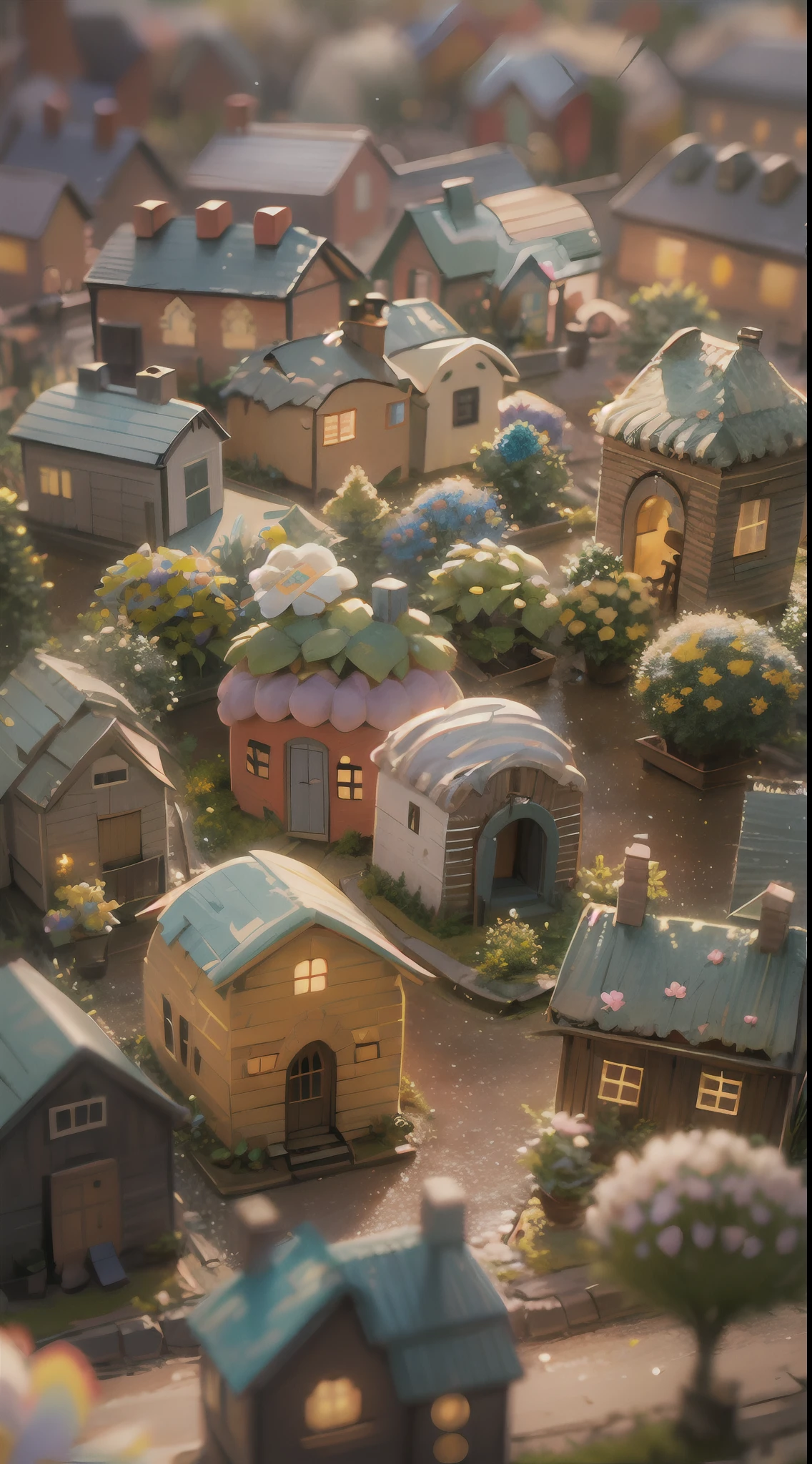 cute world of wool felt, wool knitted fabric, cartoon, some small houses, farms, barracks, warehouses, flower houses, super cute, superb lighting, volumetrics, by Jon Klassen, Ghibli Studio style, Tilt - shift, 80mm lens, Large aperture, 3d, blender, masterpiece, super detail, best quality, --v6