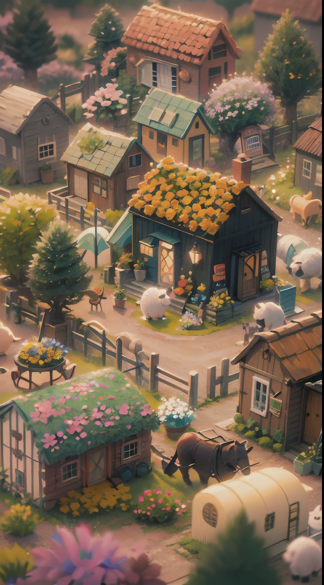 cute world of wool felt, wool knitted fabric, cartoon, some small houses, farms, barracks, warehouses, flower houses, super cute, superb lighting, volumetrics, by Jon Klassen, Ghibli Studio style, Tilt - shift, 80mm lens, Large aperture, 3d, blender, masterpiece, super detail, best quality, --v6