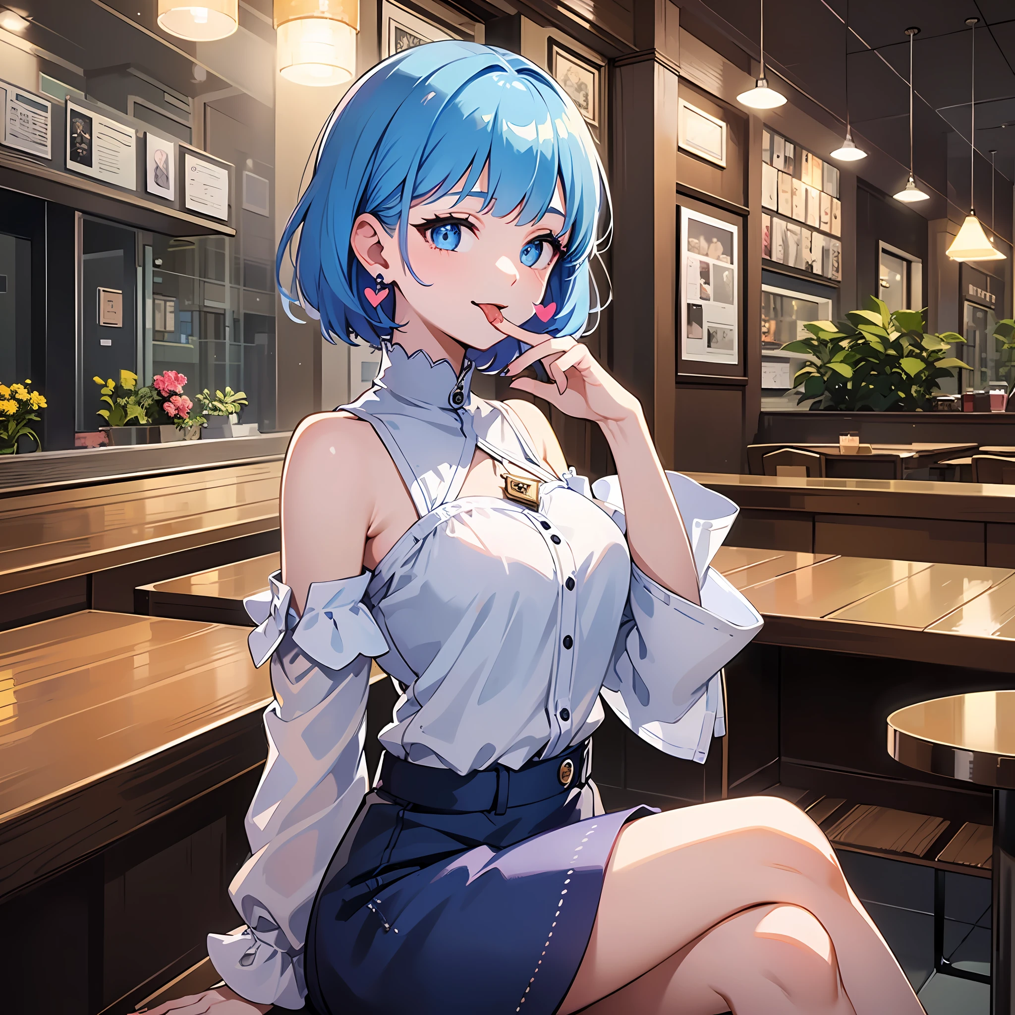 (masterpiece:1.3), (best quality:1.3), high resolution, 


couboy shot, 
sitting, body facing forward, 

(one cute girl:1.3), solo, 
white skin, small Breast, eight-headed person, 
light blue hair, (bobbed hair:1.2), short hair, (blunt bangs:1.2), beautiful hair, blue eyes, beautiful detailed eyes, 

(tongue out:1.3), heart, 

casual clothes, blue check skirt, detached sleeves, earrings, 

indoors, restaurant, 

shadowlighting,