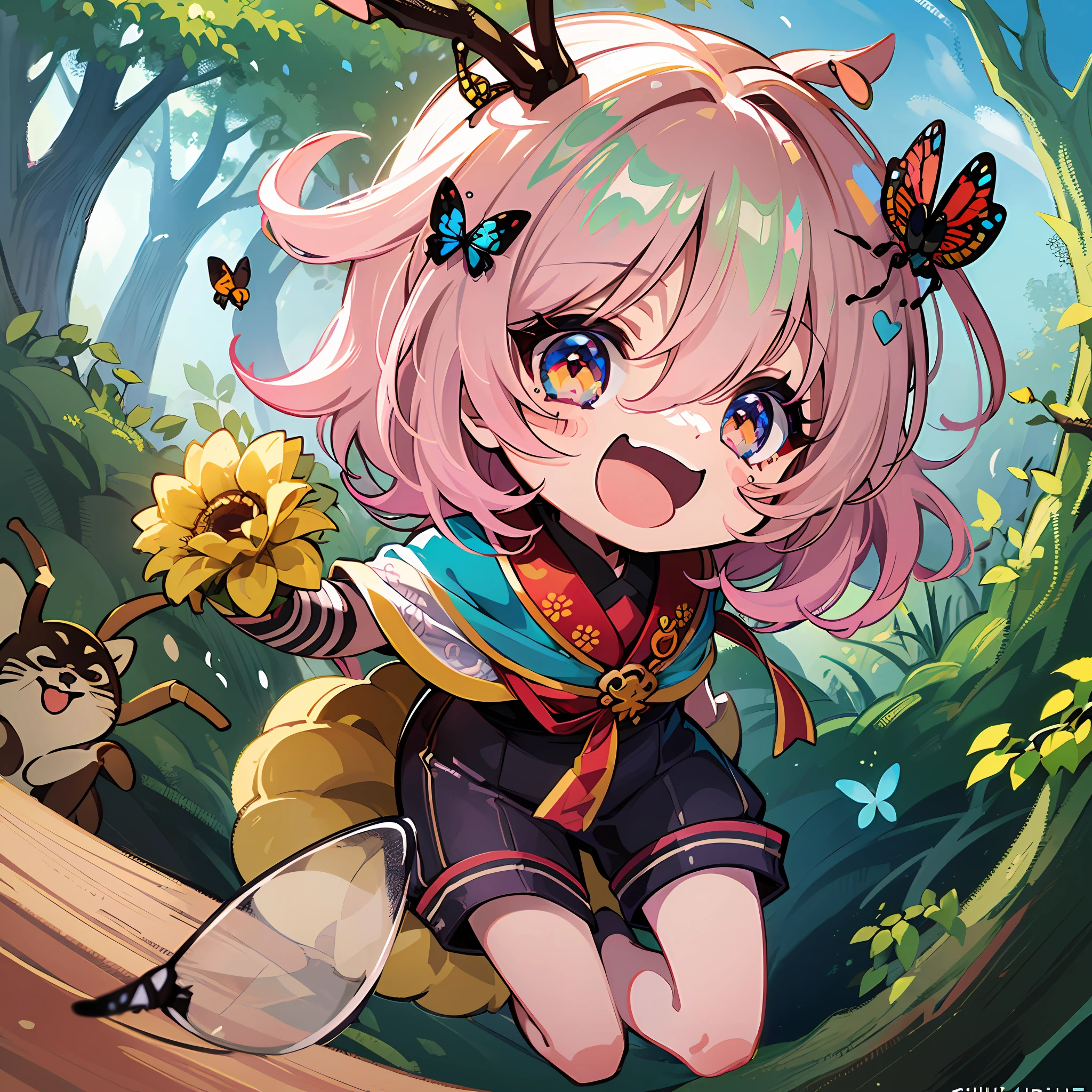 ((a sticker:1.5)))、((Chibi Chara))、((Run cheerfully with an insect net to catch a beetle perched on a tree)))、1girl in、the woods、sano、夏天、Strongest、Chibi Chara、fullllbody、Pastel colors hair、masutepiece、top-quality、high-level image quality