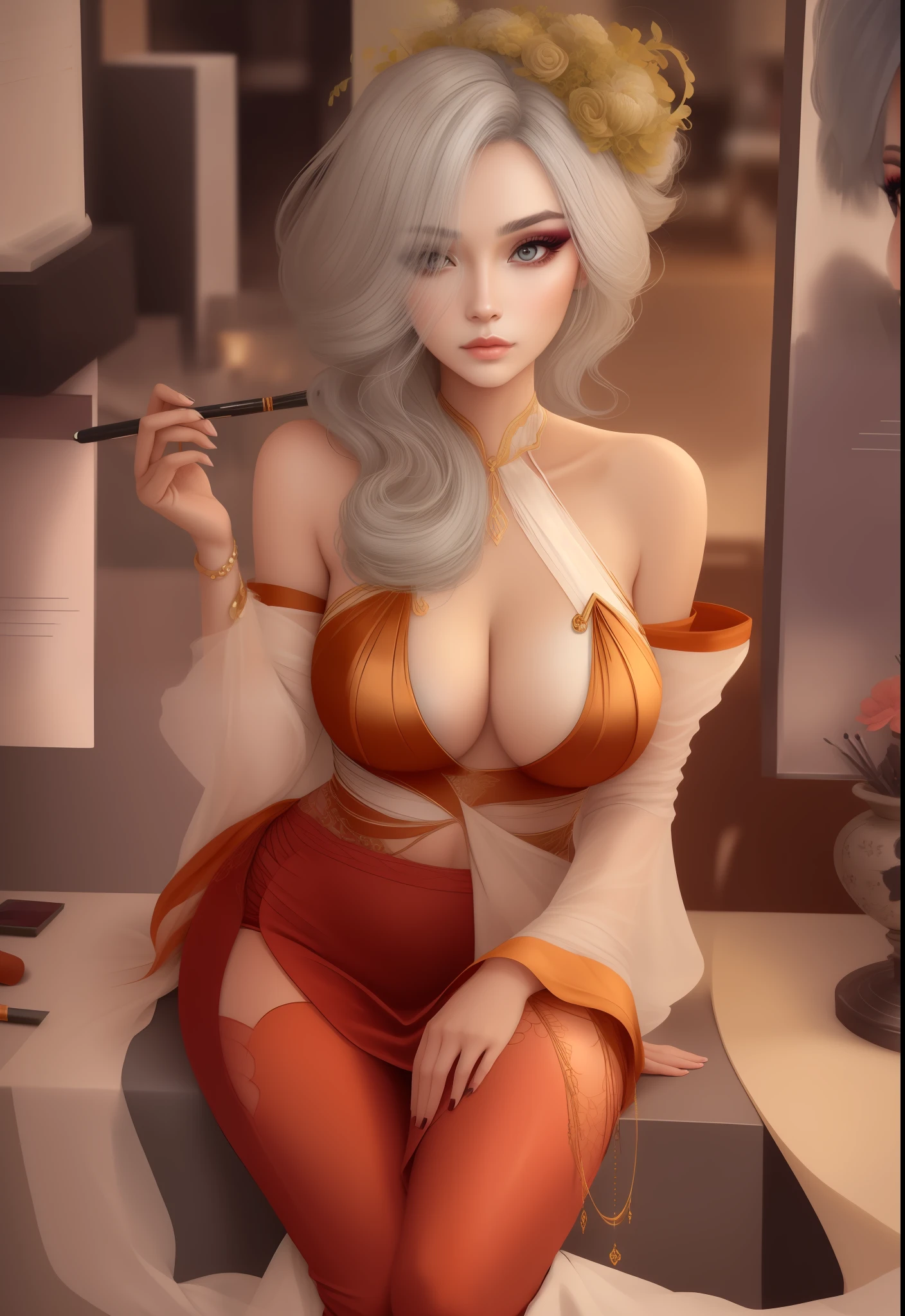 Sexy woman, delicate makeup, gray hair, bumpy and delicate style