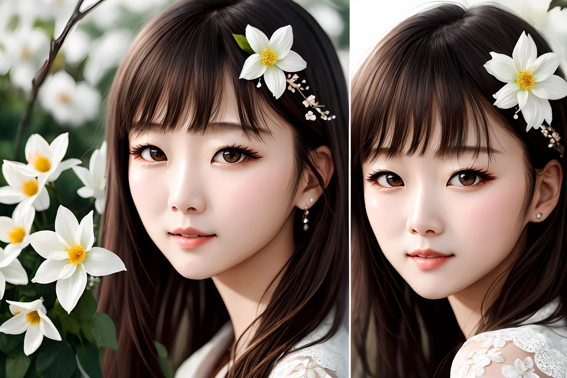 (1girl in:1.3), 独奏, (((extra detailed face)))), ((extremely detailed eye and face)))), beautiful finely detailed eyes, Body parts__, Official art, 统一 8k 壁纸, ultra-detailliert, Beautiful and beautiful, Beautiful fece, ​masterpiece, top-quality, Original, ​masterpiece, ultra fine photos, top-quality, 超A high resolution, Realistic realism, sunlights, portrait of a full body, Amazing beauty,  delicated face, Vibrant eyes, (from the front side), A slight smil、A detailed face、Background of the flower garden、Messy and gorgeous milky white、highlydetailed skin、realistic skin detail、Visible Pore、Clear focus、Volumetric fog、8K UHD、Digital SLR、hightquality、film grains、fair white skin、photorealisim、Lomography、Diagonal bangs、Hair color is light brown