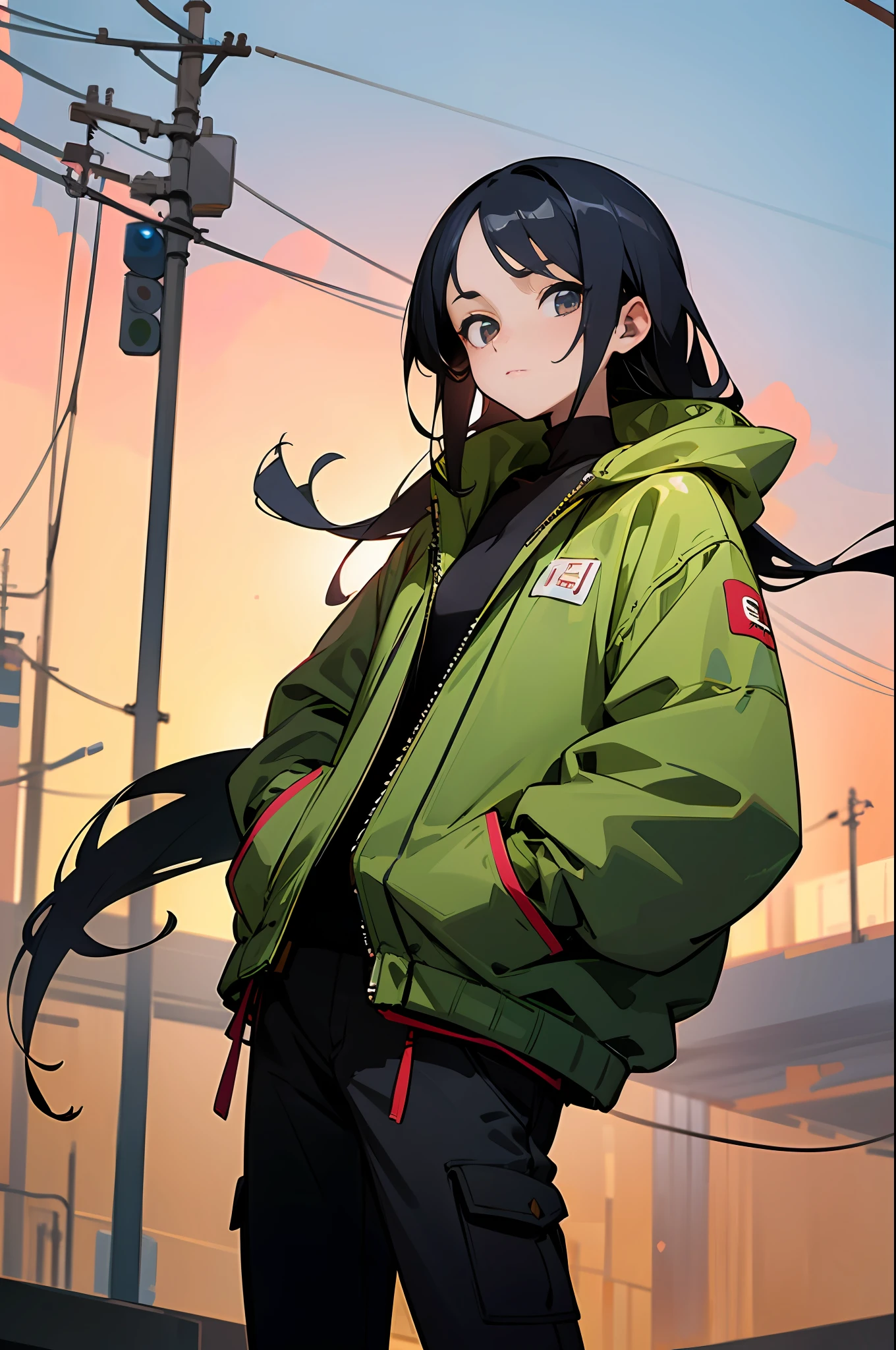 Long black color hair,with fair skin,20-year-old female,The costume is plain,Stand up and look into the camera,With a relaxed expression,Put your hands in your pockets,The expression is cold,The background is the middle of the street,style of anime,Ancient style,The figure is relatively tall,The neck is slender,Eyes fascinating,Looks relatively accessible,The background is cold
