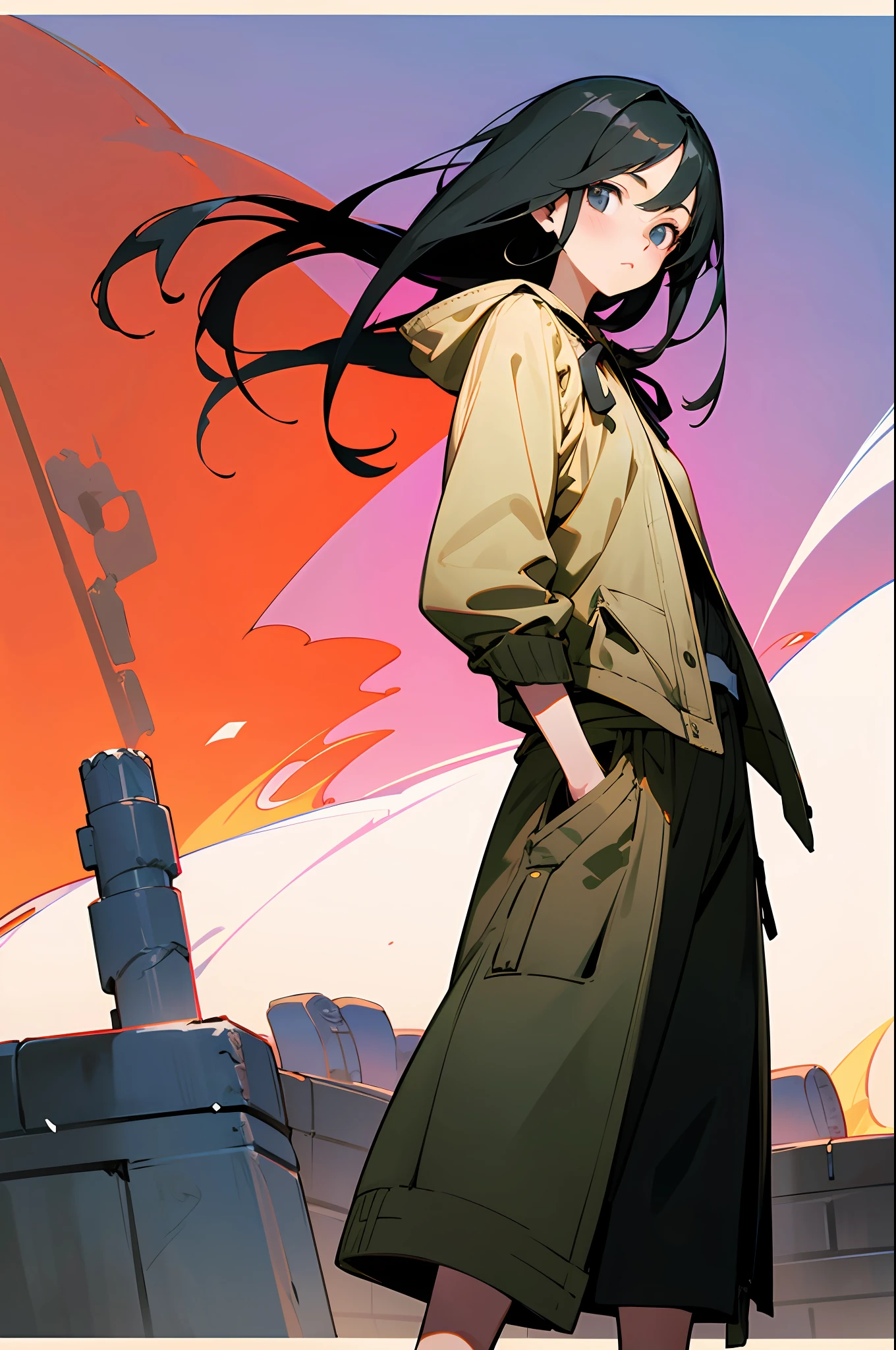 Long black color hair,with fair skin,20-year-old female,The costume is plain,Stand up and look into the camera,With a relaxed expression,Put your hands in your pockets,The expression is cold,The background is the middle of the street,style of anime,Ancient style,The figure is relatively tall,The neck is slender,Eyes fascinating,Looks relatively accessible,The background is cold