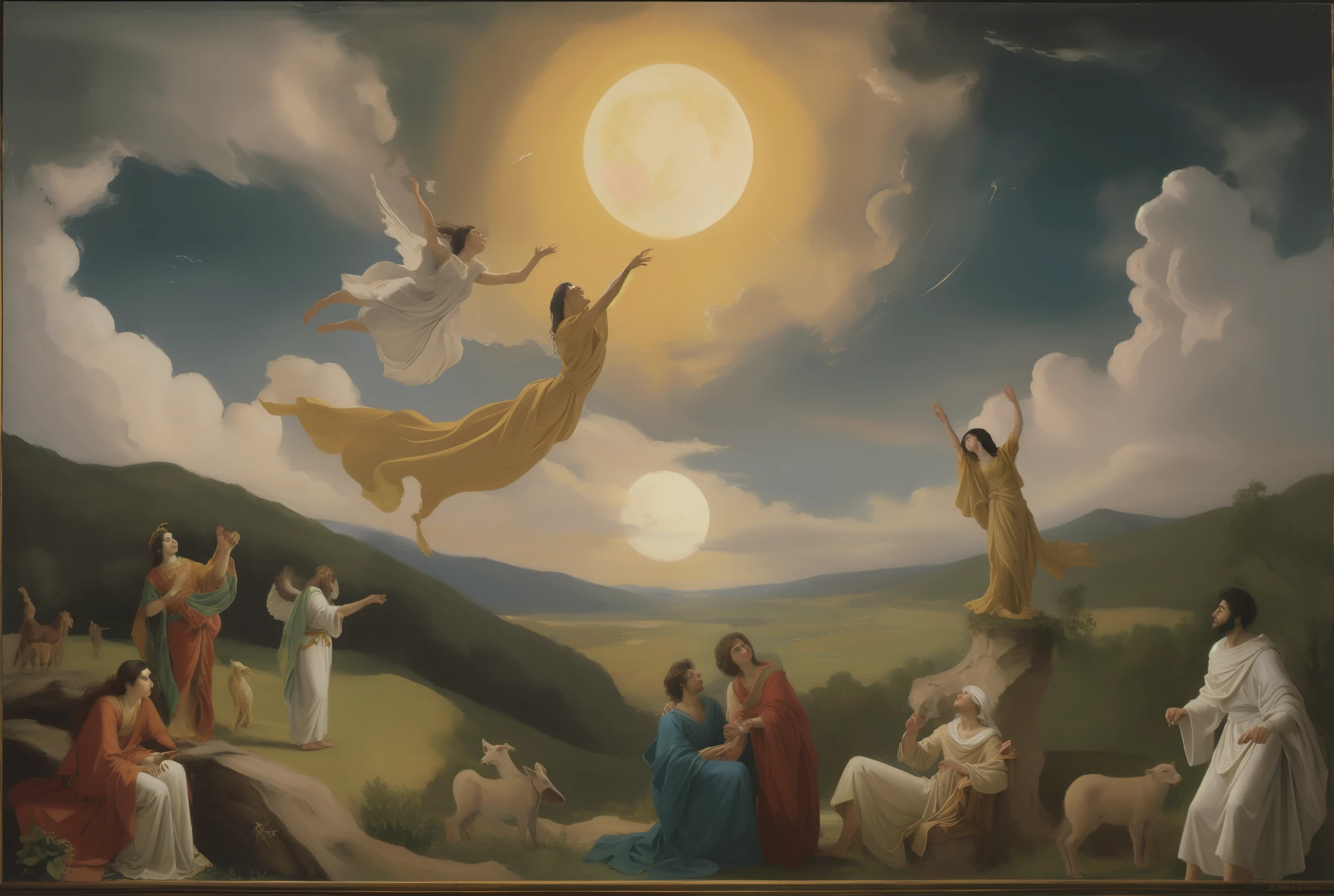 The painting must be a neoclassical representation of the creation of the world, as described in the biblical passage. A pintura deve ser mostrada de uma perspectiva elevada, with heaven and earth in the background. The sky should be blue and clear, com o sol e a lua no topo. A terra deve ser verde e exuberante, with trees, vegetation, e animais. O primeiro homem e a primeira mulher devem estar no centro da pintura, looking up at the sky. Eles devem estar nus, but should not be sexually suggestive. They should appear serene and peaceful. A pintura deve ser realista e detalhada, But it should also be beautiful and inspiring.