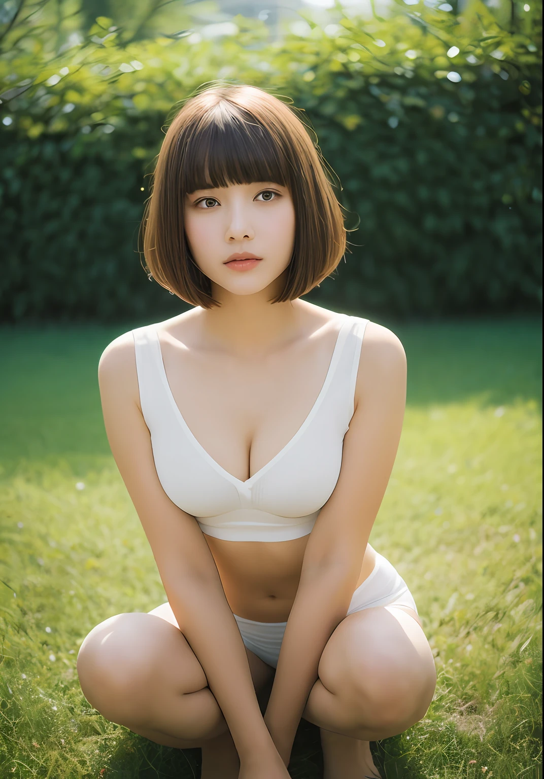 1人、a blond、On-eyebrow bangs、Shave your hairline、Shaved temples、Shaved nape、Nicely aligned neckline、Bob-cut hair、Sit on the floor with your back straight、Open legs、Wearing white underwear、Temple veranda of the Japan、fullllbody、perfect anatomia、depth of fields、Center the subject、Spiritual silence、Transcendental tranquility、Shyness、absurderes、nffsw、(Photorealsitic:1.4)、extra detailed face、Raw photography、film grains、Deviantart Trends、a scene from a movie、Natural Day Light