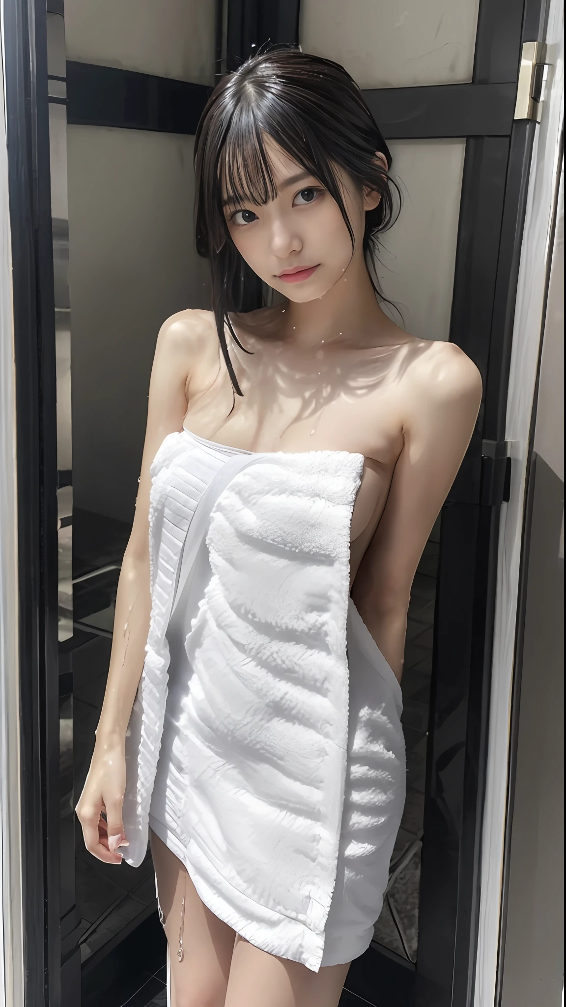 masterpiece, top-quality, Hi-Res, 1girl in, japanes,A dark-haired,half up,(aftershower,team,Posing wrapped in a towel,Woman getting wet and naked out of shower:1.1),pov,Look at viewers