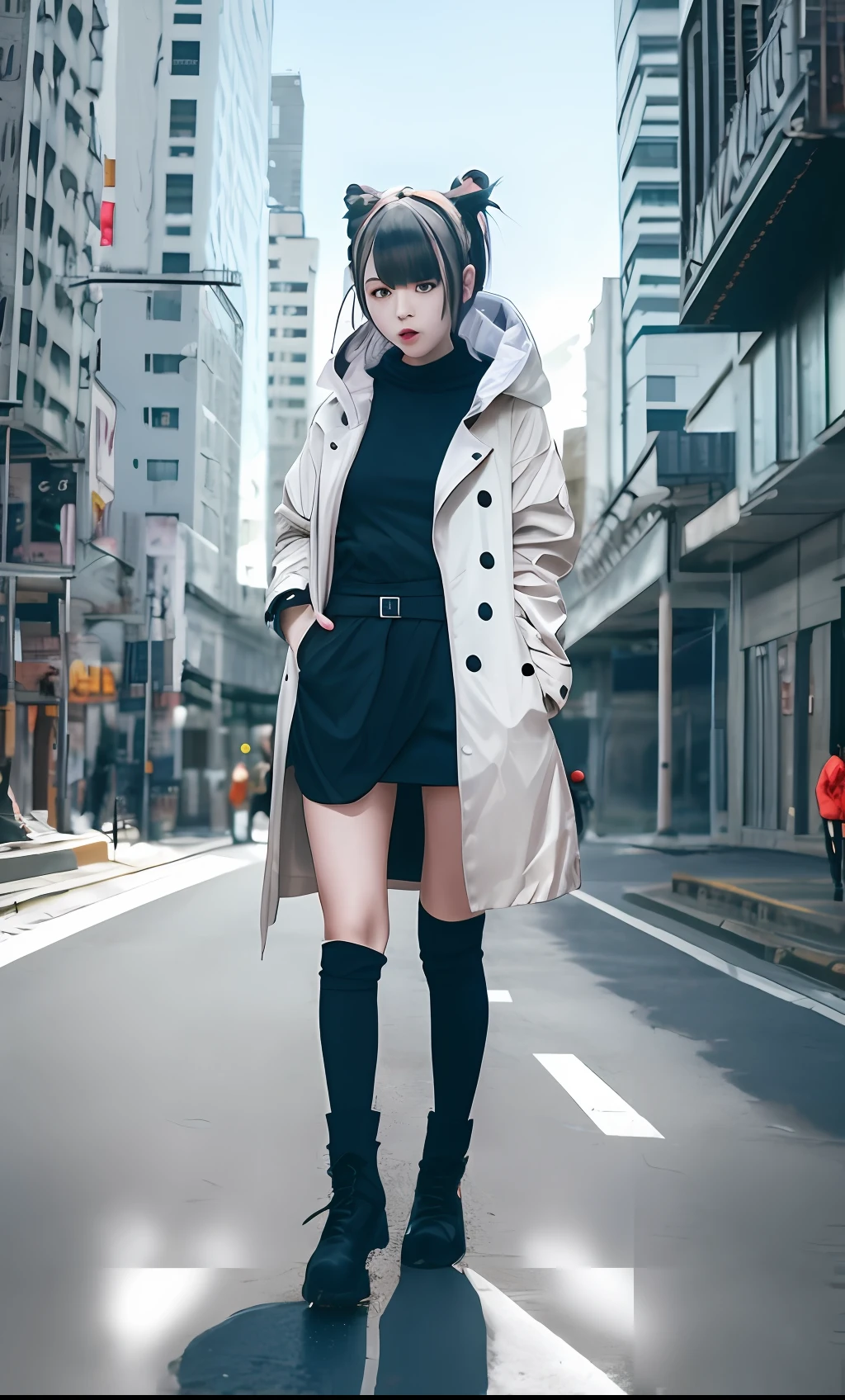 Anime characters standing on city streets in trench coats, modern anime style, Anime style. 8K, girls frontline style, cyberpunk anime girl in hoodie, very modern anime style, Anime style mixed with Fujifilm, up of young anime girl, from girls frontline, Kantai collection style, Realistic anime 3 D style, Style anime, style of anime4 K