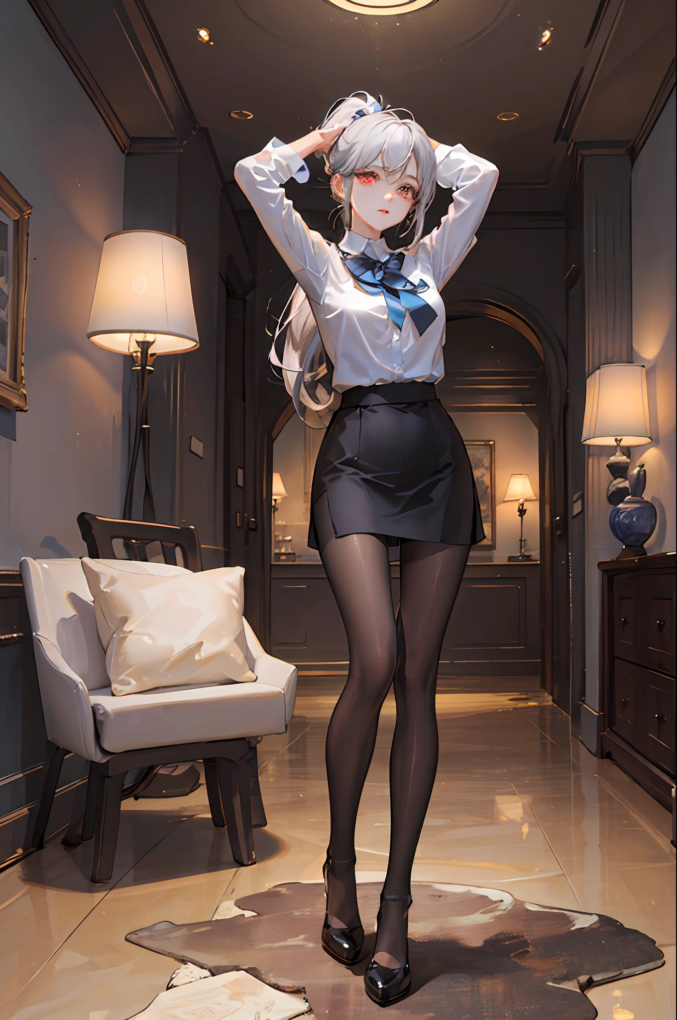 1 girl! Ray tracing, best shadows, high resolution (dim lighting) detailed background (living room) fluffy silver hair, plump and slim girl, high ponytail in the ominous living room avoiding golden eyes (girl wearing white shirt, black wrinkled skirt, with black transparent pantyhose) shows a delicate slim figure and graceful curves, the position is correct and reasonable limbs! Put your hands behind your head, your fingers slender and slender! Dignified standing, facial details! Delicate facial features! Pay attention to the details of the position of the legs! Pay attention to hand details! High quality! More eligible! Reduce mistakes! The painting is more fine, ultra-detailed CG, and the picture is more reasonable! Pay attention to finger details! 8k wallpapers, masterpieces, double eye details! Reduce the difference in eye size! Limit the number of fingers!