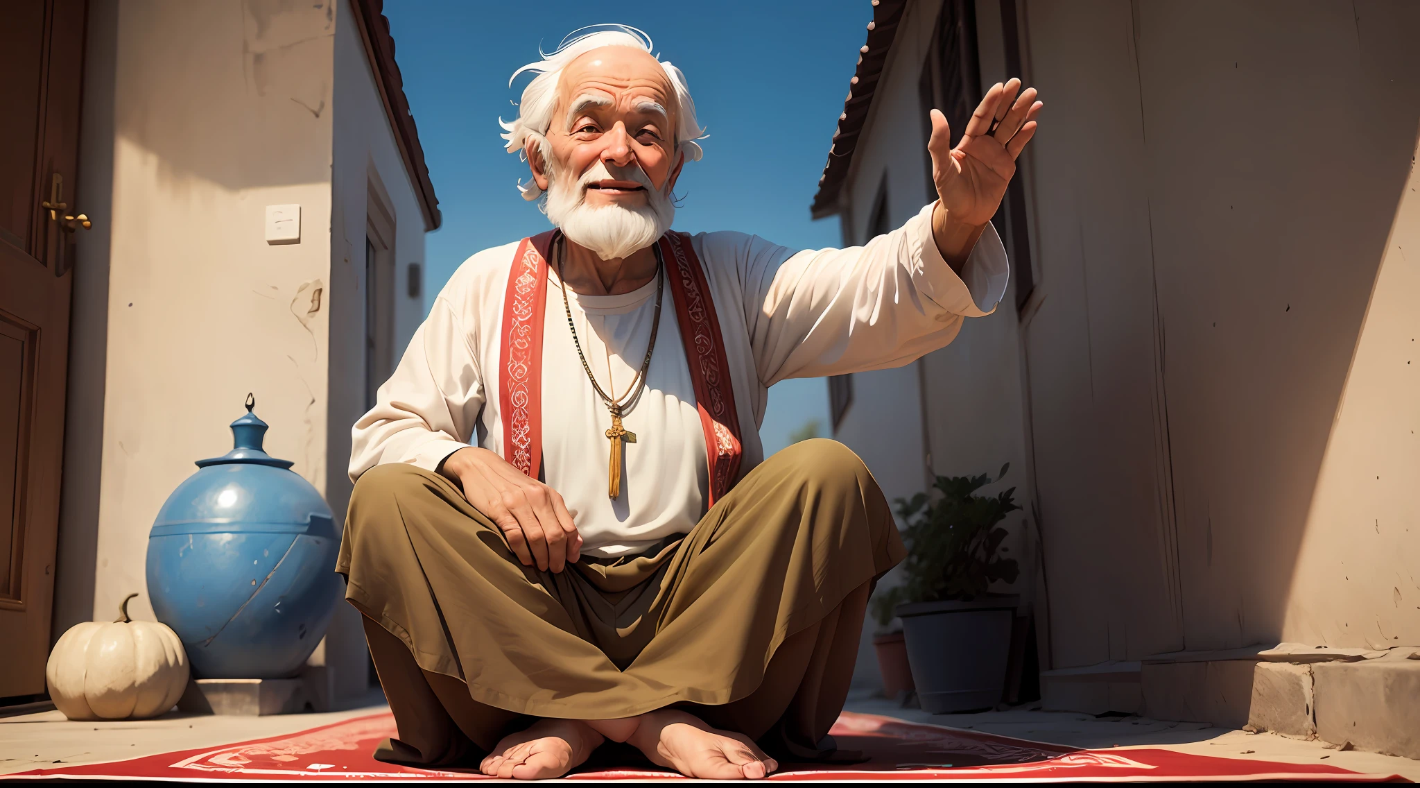 "Illustration of an old man cartoon style, with a happy, grateful expression on his face, in a position of prayer. He's kneeling on a prayer mat, em um ambiente calmo e silencioso. Ao fundo, one can see a beautiful blue sky, com nuvens brancas e um sol radiante. The old man is wearing comfortable clothes and holding a rosary in his hands. He's tilting his head down., in a gesture of deep gratitude and humility. A imagem deve transmitir a mensagem de que, independentemente da idade, Thanking God is an important and rewarding attitude. O homem idoso deve parecer sereno e confiante, demonstrating the satisfaction and peace that come with prayer and thanksgiving. A imagem deve ser leve e alegre, conveying the positive message that it is possible to find peace and contentment, even in tough times, through faith and gratitude.” --auto
