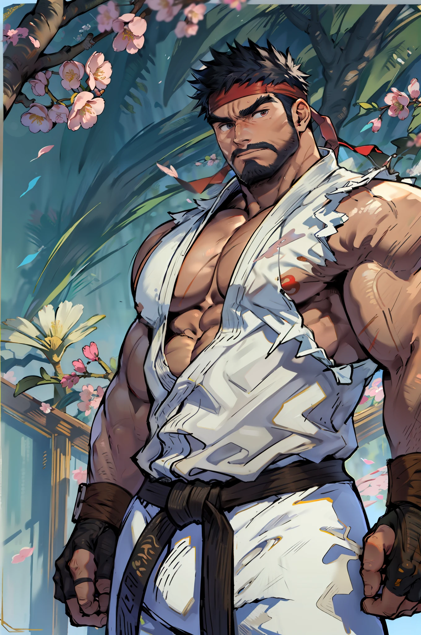 (masterpiece, best quality:1.2), cowboy shot, solo, male focus, 1boy, ryu \(sf\), middle age, peaceful face expression, peaceful pose, white skin, open hands, black hair, black beard, detailed face tall, hunk, muscular, wide shoulder, big physique, scars on body, wearing big white Dougi, new white Dougi shirt, white Dougi pant, red headband, fingerless gloves, blue aura, cherry blossom in the background, high detailed