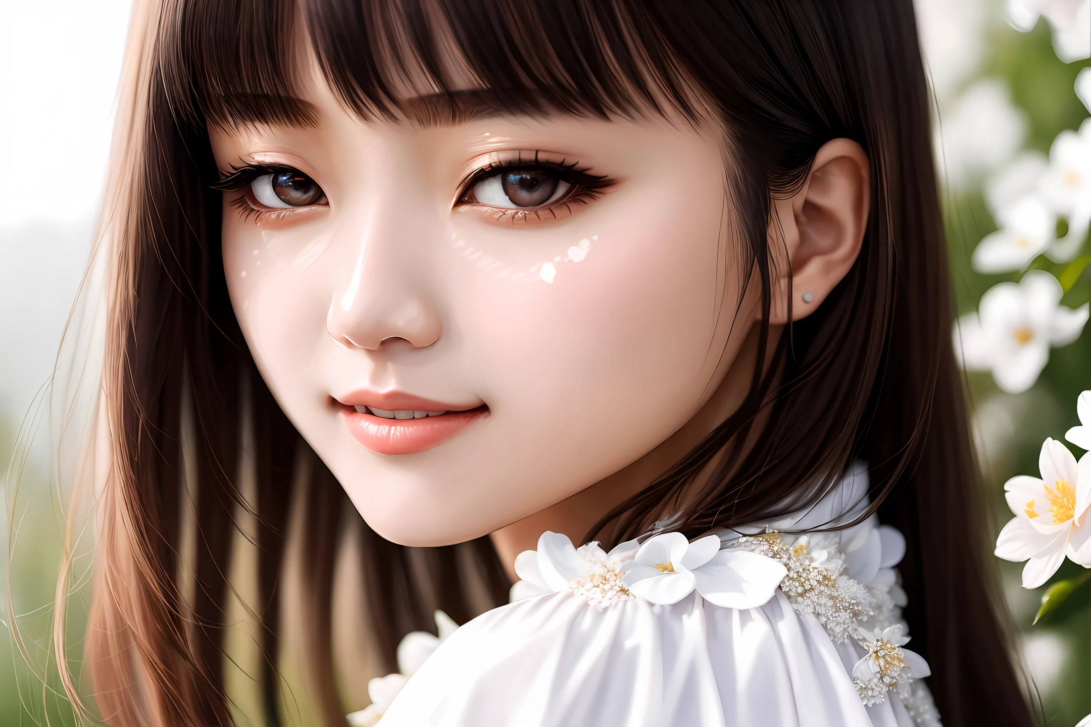 (1girl in:1.3), 独奏, (((extra detailed face)))), ((extremely detailed eye and face)))), beautiful finely detailed eyes, Body parts__, Official art, 统一 8k 壁纸, ultra-detailliert, Beautiful and beautiful, Beautiful fece, masterpiece, top-quality, Original, masterpiece, ultra fine photos, top-quality, 超A high resolution, Realistic realism, sunlights, portrait of a full body, Amazing beauty, delicated face, Vibrant eyes, (from the front side), A slight smil、A detailed face、Background of the flower garden、Messy and gorgeous milky white、highlydetailed skin、realistic skin detail、Visible Pore、Clear focus、Volumetric fog、8K UHD、Digital SLR、hightquality、film grains、fair white skin、photorealisim、Lomography、Diagonal bangs、Hair color is light brown