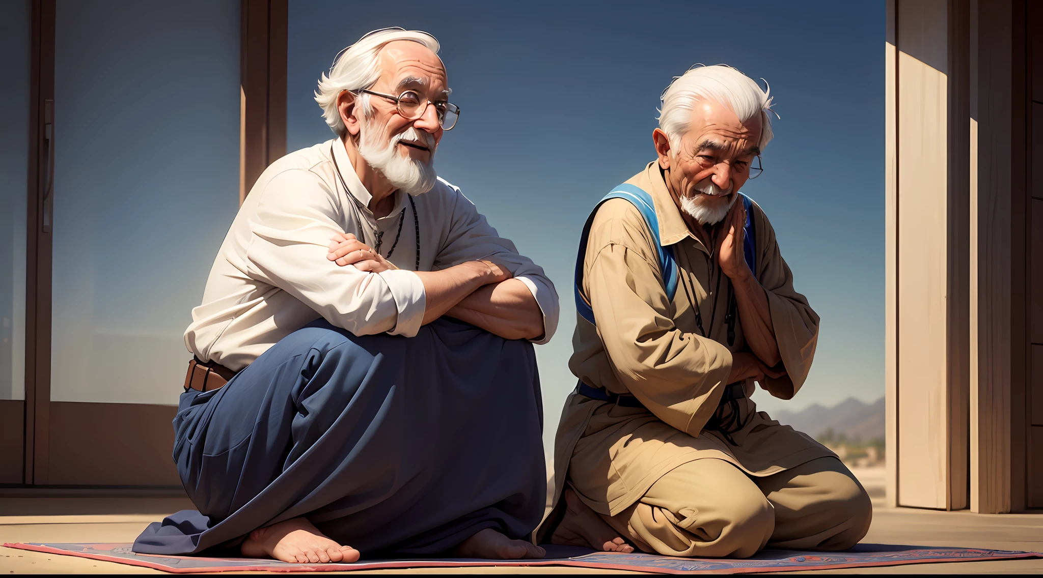 "Illustration of an old man cartoon style, with a happy, grateful expression on his face, in a position of prayer. He's kneeling on a prayer mat, em um ambiente calmo e silencioso. Ao fundo, one can see a beautiful blue sky, com nuvens brancas e um sol radiante. The old man is wearing comfortable clothes and holding a rosary in his hands. He's tilting his head down., in a gesture of deep gratitude and humility. A imagem deve transmitir a mensagem de que, independentemente da idade, Thanking God is an important and rewarding attitude. O homem idoso deve parecer sereno e confiante, demonstrating the satisfaction and peace that come with prayer and thanksgiving. A imagem deve ser leve e alegre, conveying the positive message that it is possible to find peace and contentment, even in tough times, through faith and gratitude.” --auto