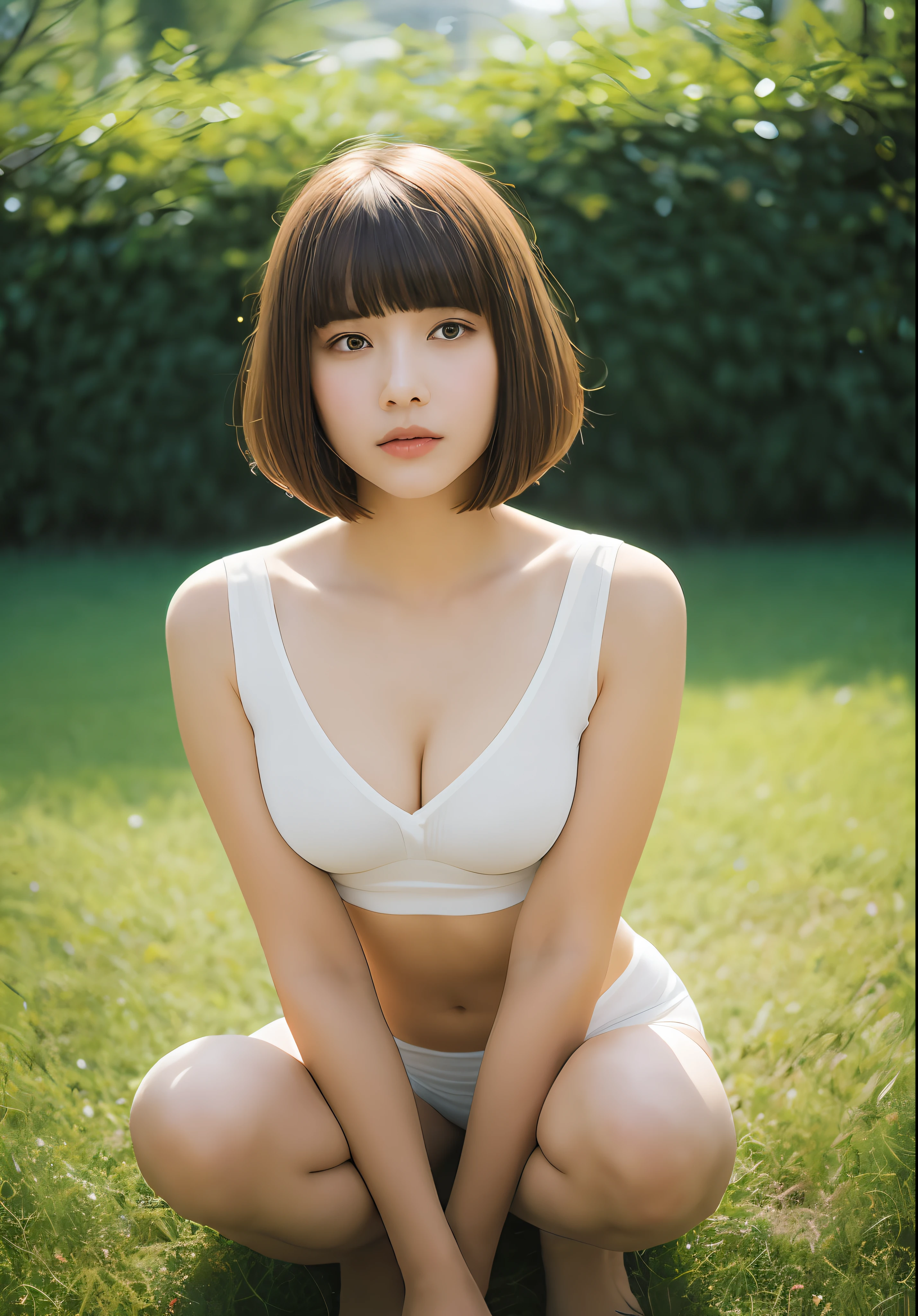 女の子1人、a blond、On-eyebrow bangs、Shave your hairline、Shaved temples、Shaved nape、Nicely aligned neckline、Bob-cut hair、Sit on the floor with your back straight、Open legs、Wearing white underwear、Temple veranda of the Japan、fullllbody、perfect anatomia、depth of fields、Center the subject、Spiritual silence、Transcendental tranquility、Shyness、absurderes、nffsw、(Photorealsitic:1.4)、extra detailed face、Raw photography、film grains、Deviantart Trends、a scene from a movie、Natural Day Light